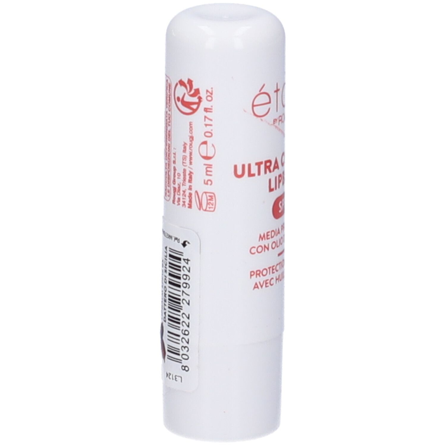Stick di balsamo labbra bianco con testo rosso ed etichetta. Étoile by Rougj, 5 ml, 0.17 fl. oz.