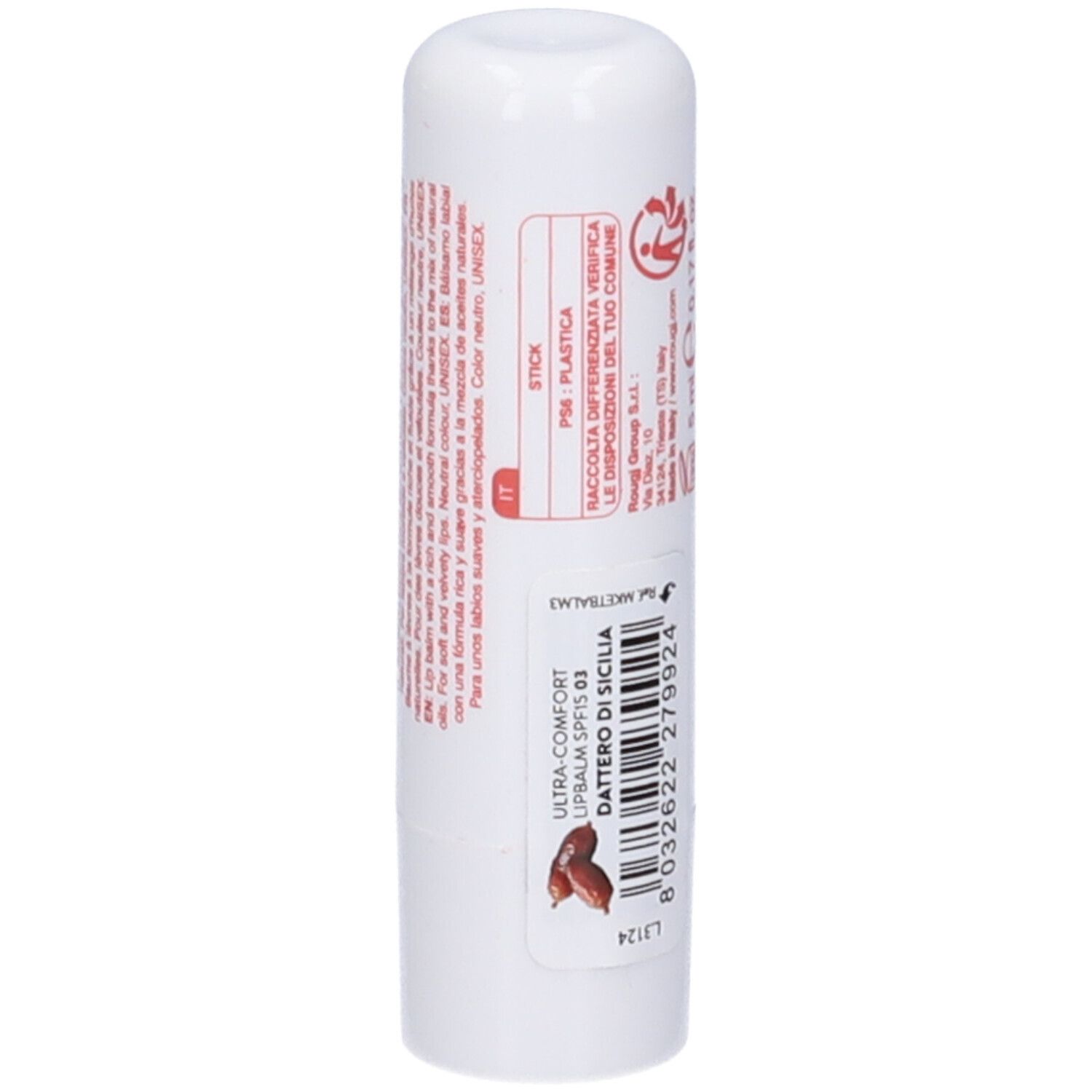 Stick di balsamo labbra bianco con testo rosso ed etichetta. Ultra-Comfort Lip Balm SPF15, Dattero di Sicilia.