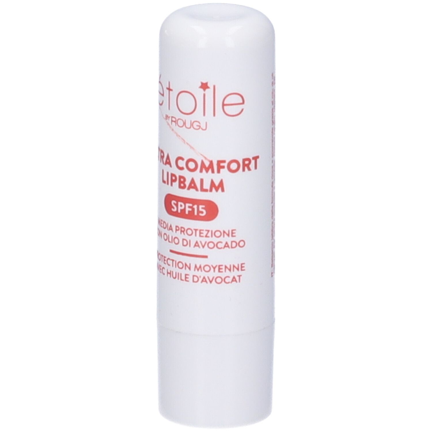 Stick di balsamo labbra bianco con testo rosso. Étoile by Rougj, Ultra Comfort Lip Balm SPF15.