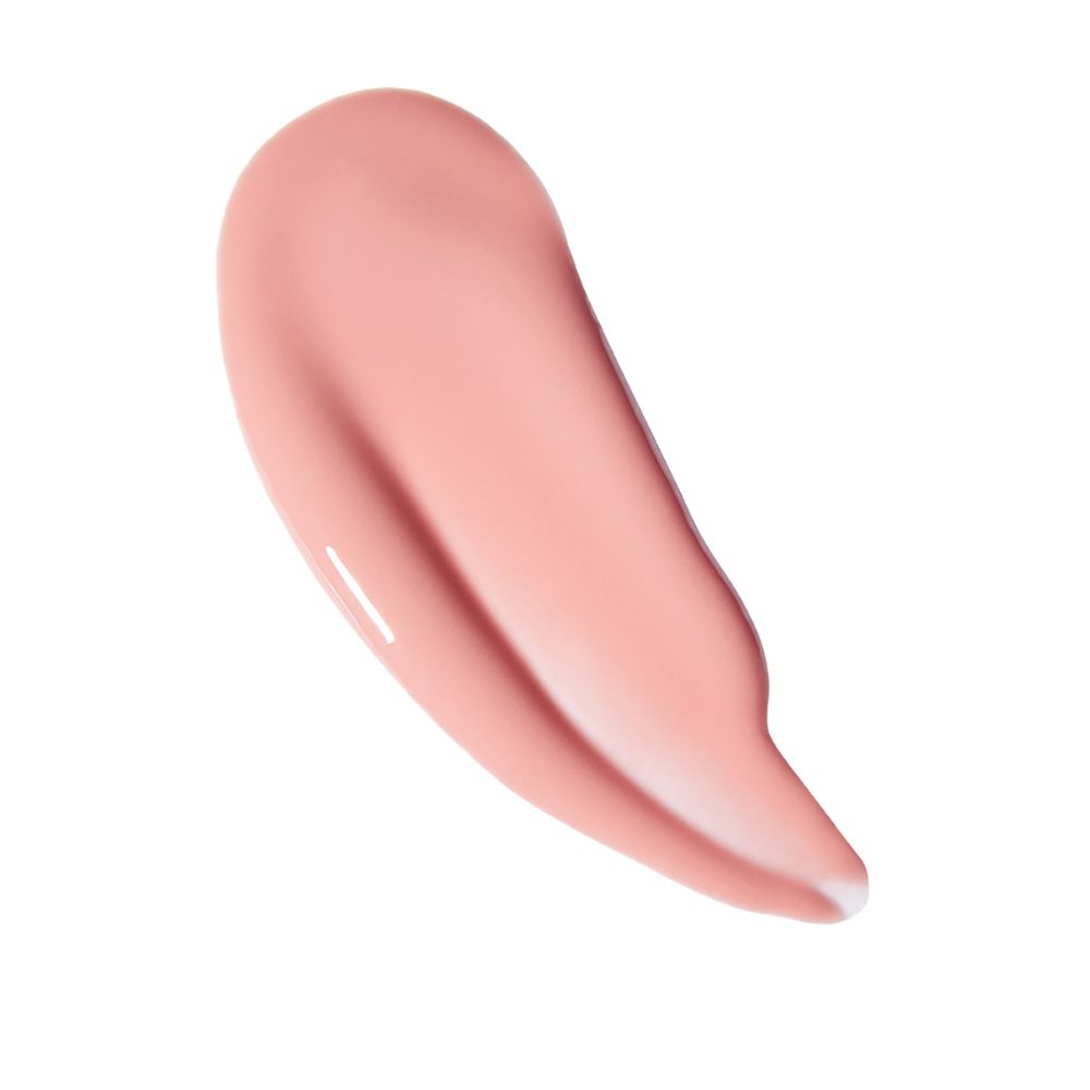 Striscio di lucidalabbra rosa su sfondo bianco. Texture lucida.