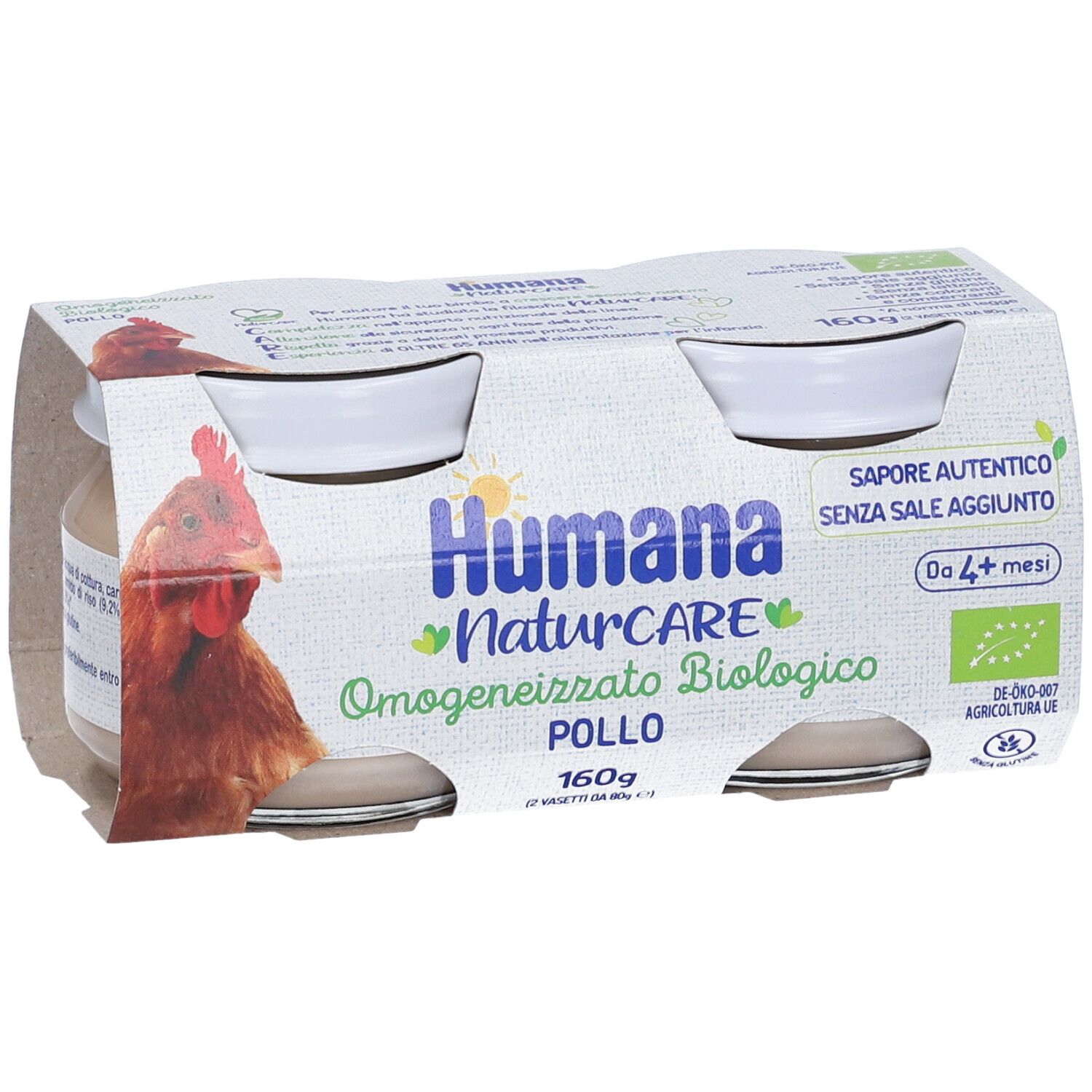 Confezione da quattro vasetti Humana Naturcare Omogeneizzato Biologico al Pollo. Logo, testo, marchio bio, vista del prodotto.