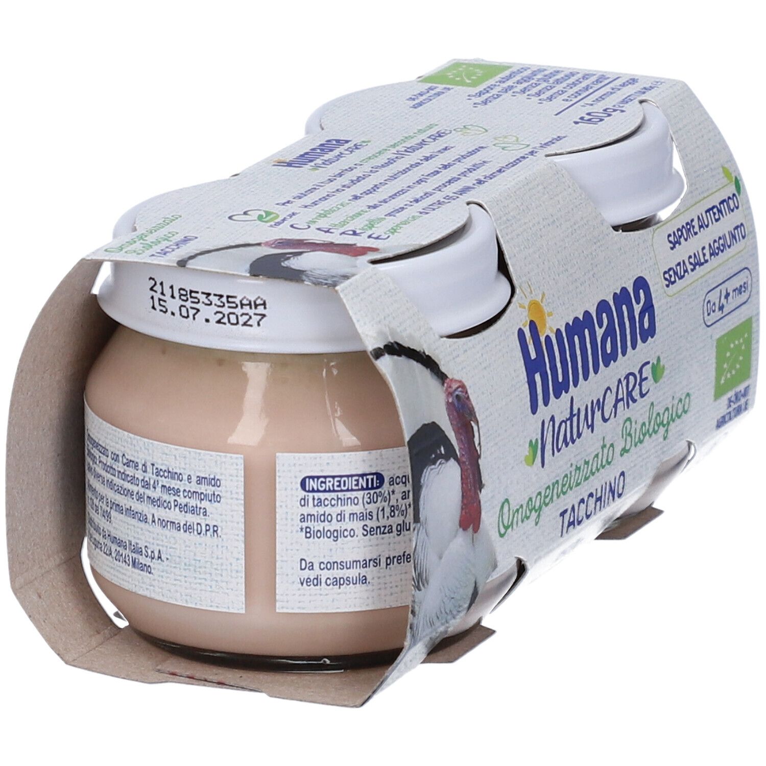 Un vasetto Humana Naturcare Bio al Tacchino in confezione aperta. Scritte: marchio, nome prodotto, ingredienti, scadenza.