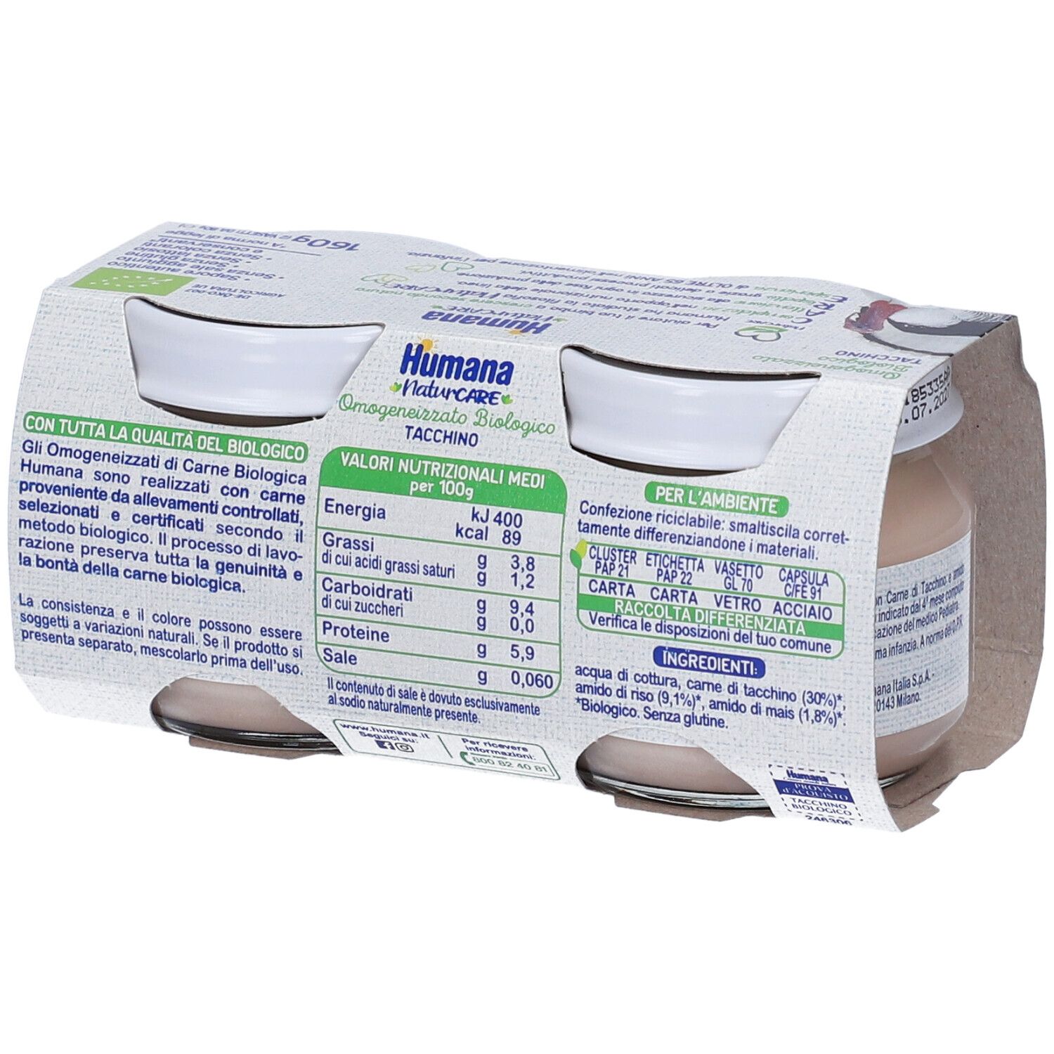 Confezione da quattro vasetti Humana Naturcare Bio al Tacchino. Scritte: marchio, nome prodotto, valori nutrizionali, indicazioni riciclo.