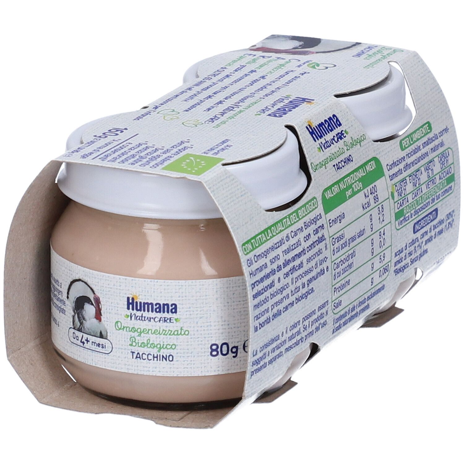 Un vasetto Humana Naturcare Bio al Tacchino in confezione aperta. Scritte: marchio, nome prodotto, 80g, valori nutrizionali.