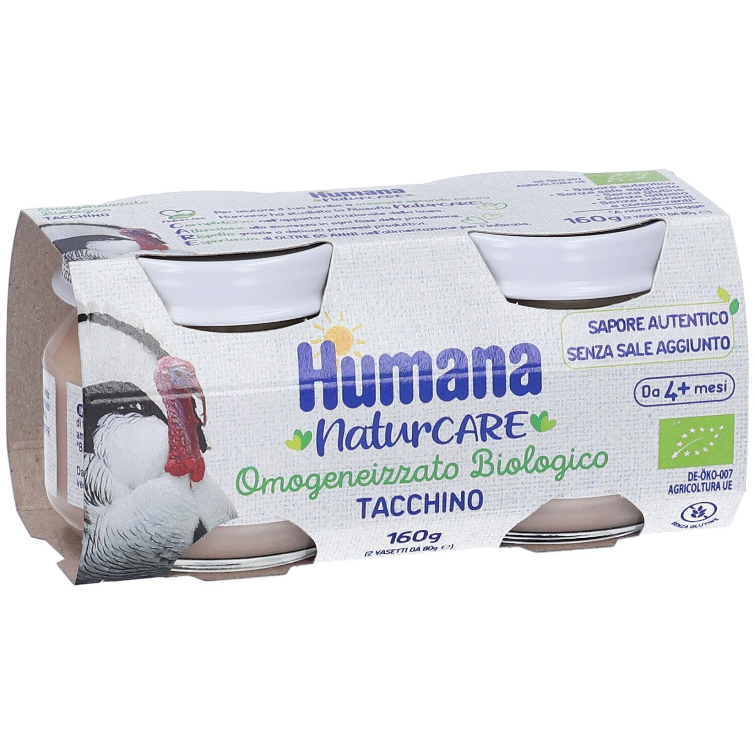 Confezione da quattro vasetti Humana Naturcare Bio al Tacchino. Scritte: marchio, nome prodotto, sigillo bio, 160g.