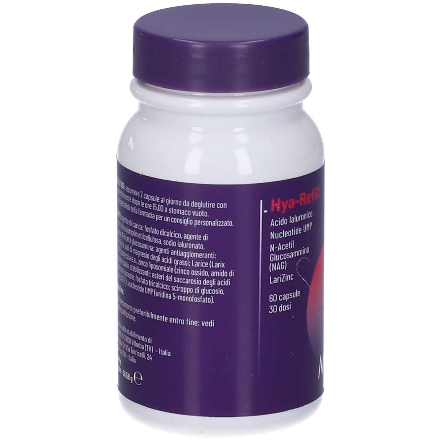 Retro del barattolo di capsule MyCli Hya-Refill con ingredienti e istruzioni.