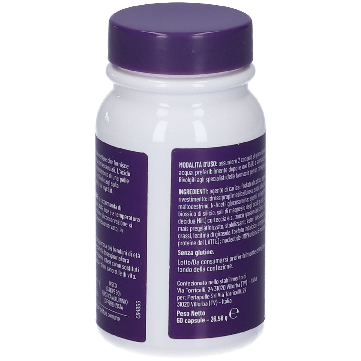 Vista laterale del barattolo di capsule MyCli Hya-Refill con dettagliate modalità d'uso.