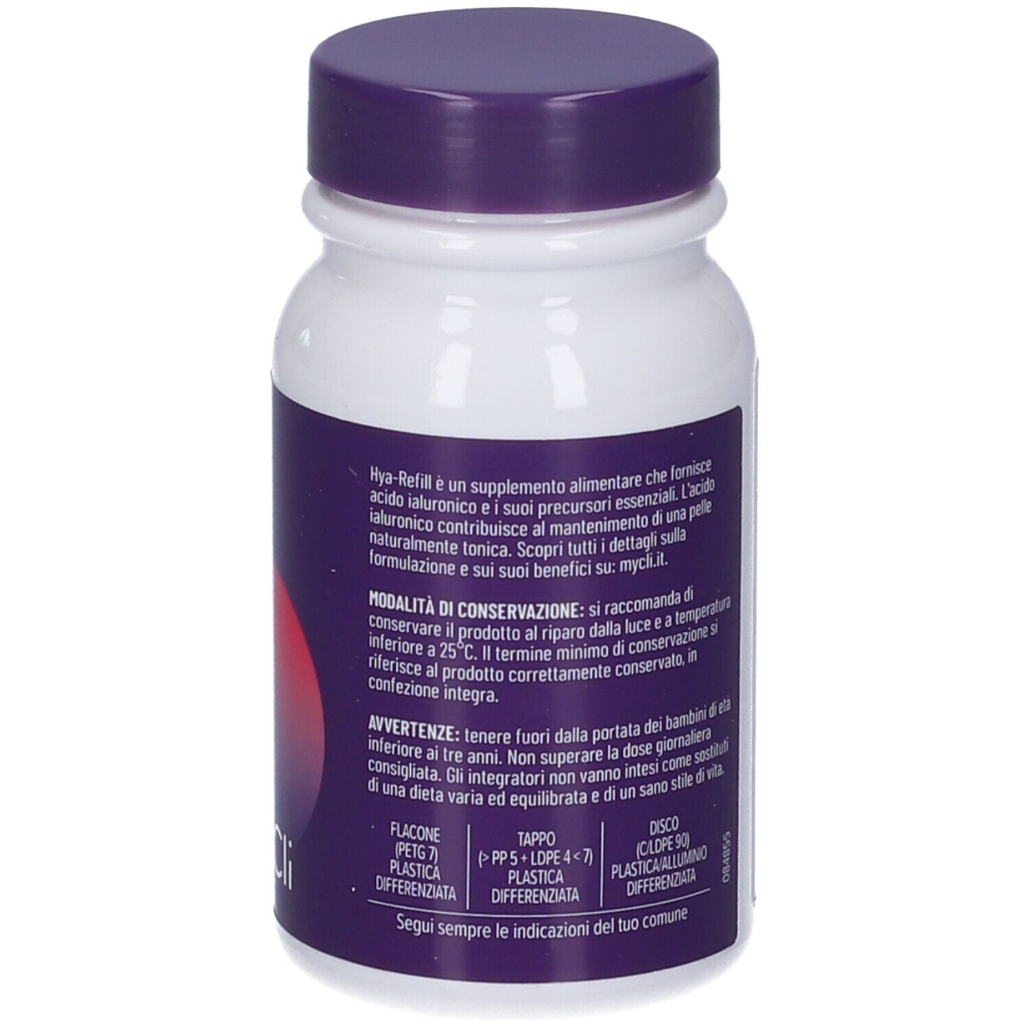 Retro del barattolo di capsule MyCli Hya-Refill con indicazioni di conservazione e avvertenze.