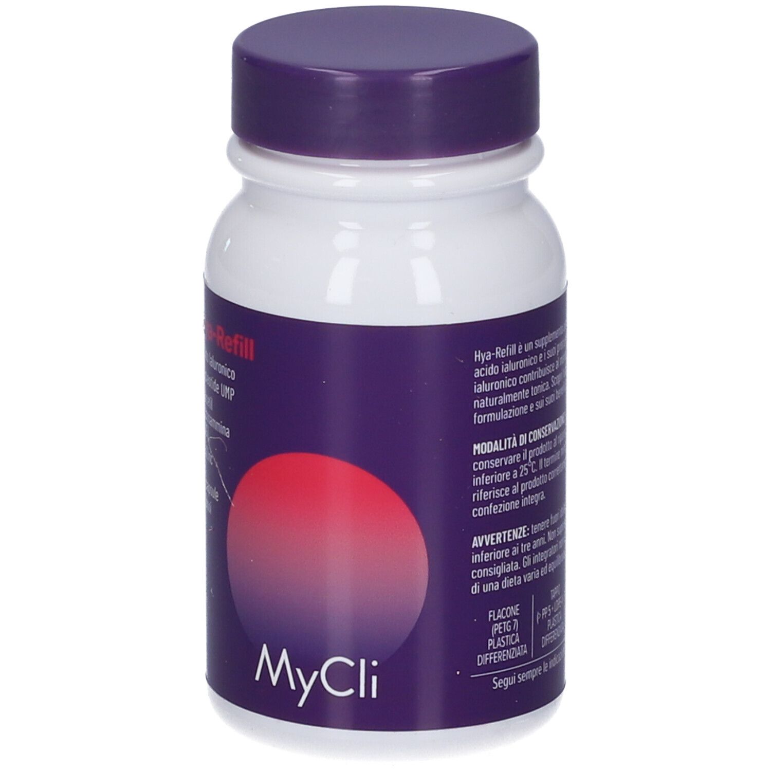 Barattolo di capsule MyCli Hya-Refill con tappo viola. Contiene acido ialuronico e zinco.