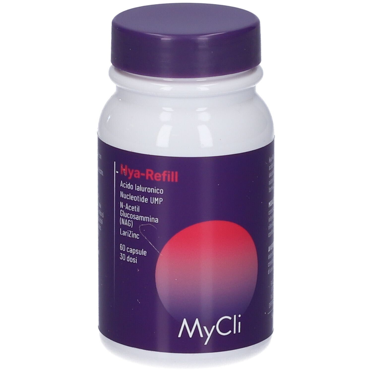 Barattolo di capsule MyCli Hya-Refill con tappo viola. Contiene acido ialuronico e zinco.