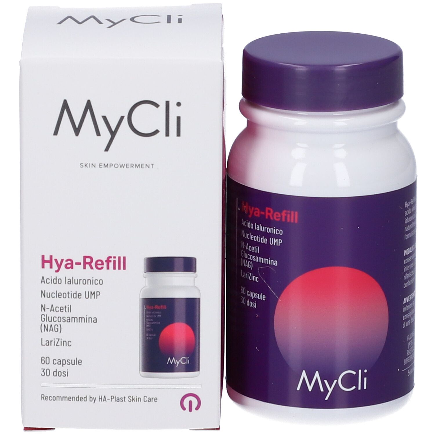 Confezione del prodotto MyCli Hya-Refill con barattolo e scatola. Contiene acido ialuronico e zinco.