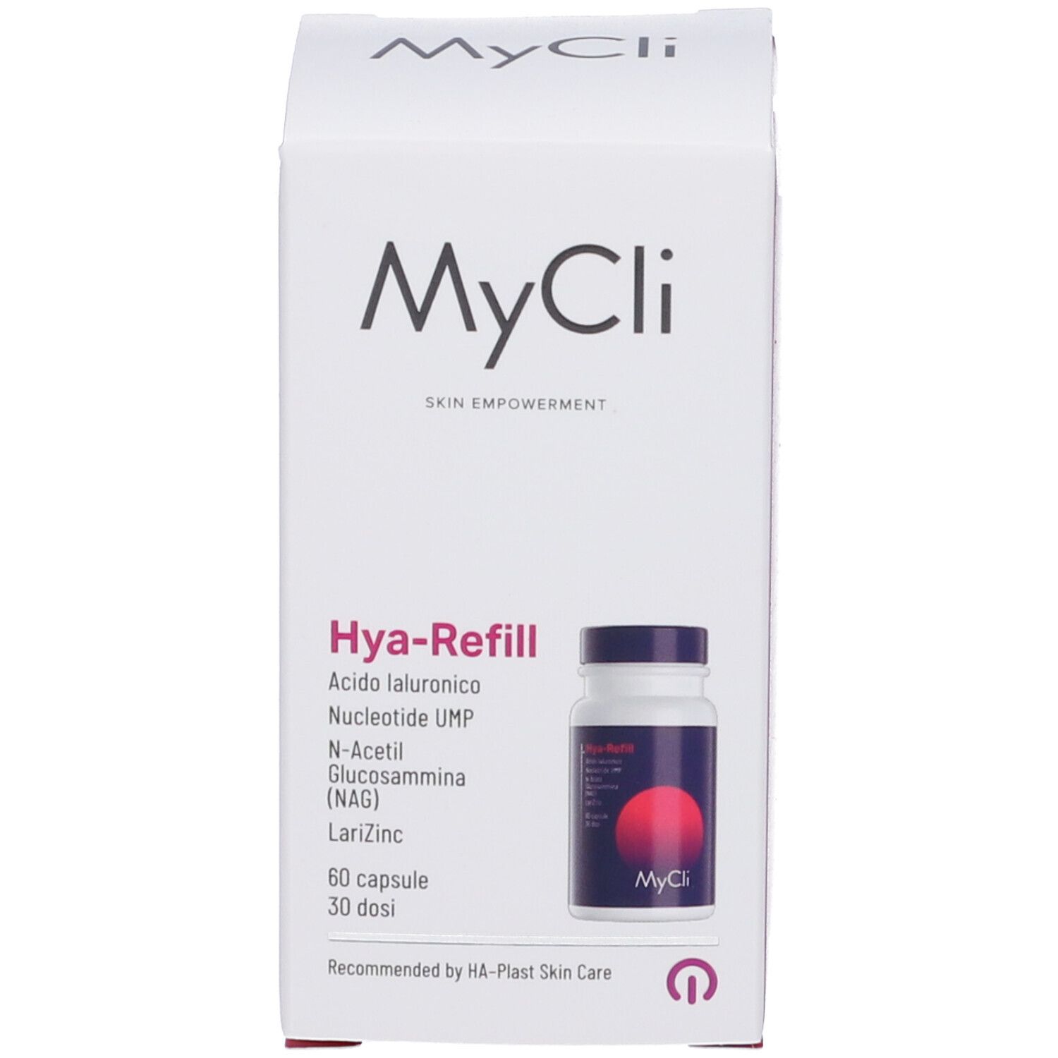 Confezione del prodotto MyCli Hya-Refill con barattolo e scatola. Contiene acido ialuronico e zinco.