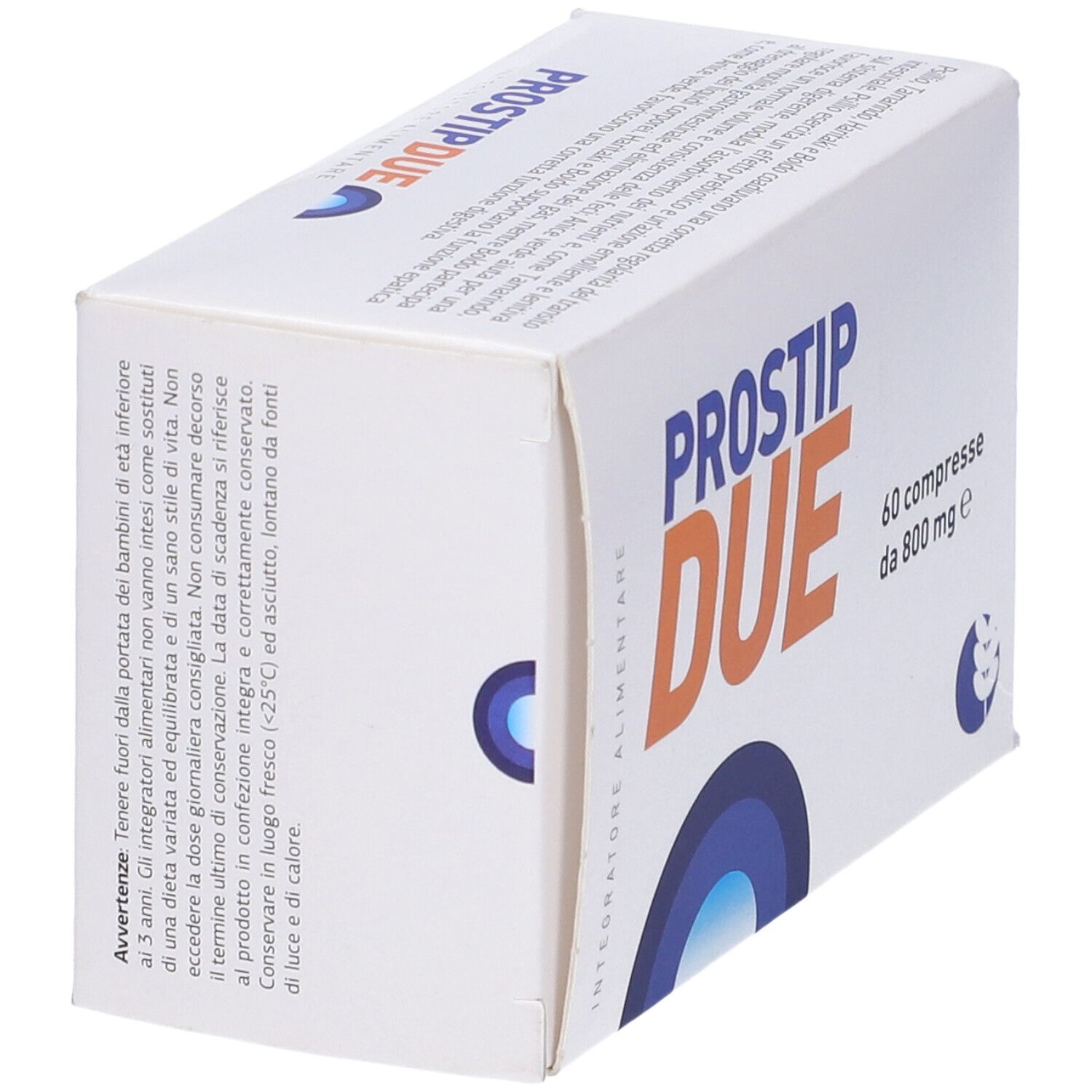 Scatola "PROSTIP DUE" con 60 compresse. Scritta blu e arancione su sfondo bianco. Scritto "Integratore Alimentare".