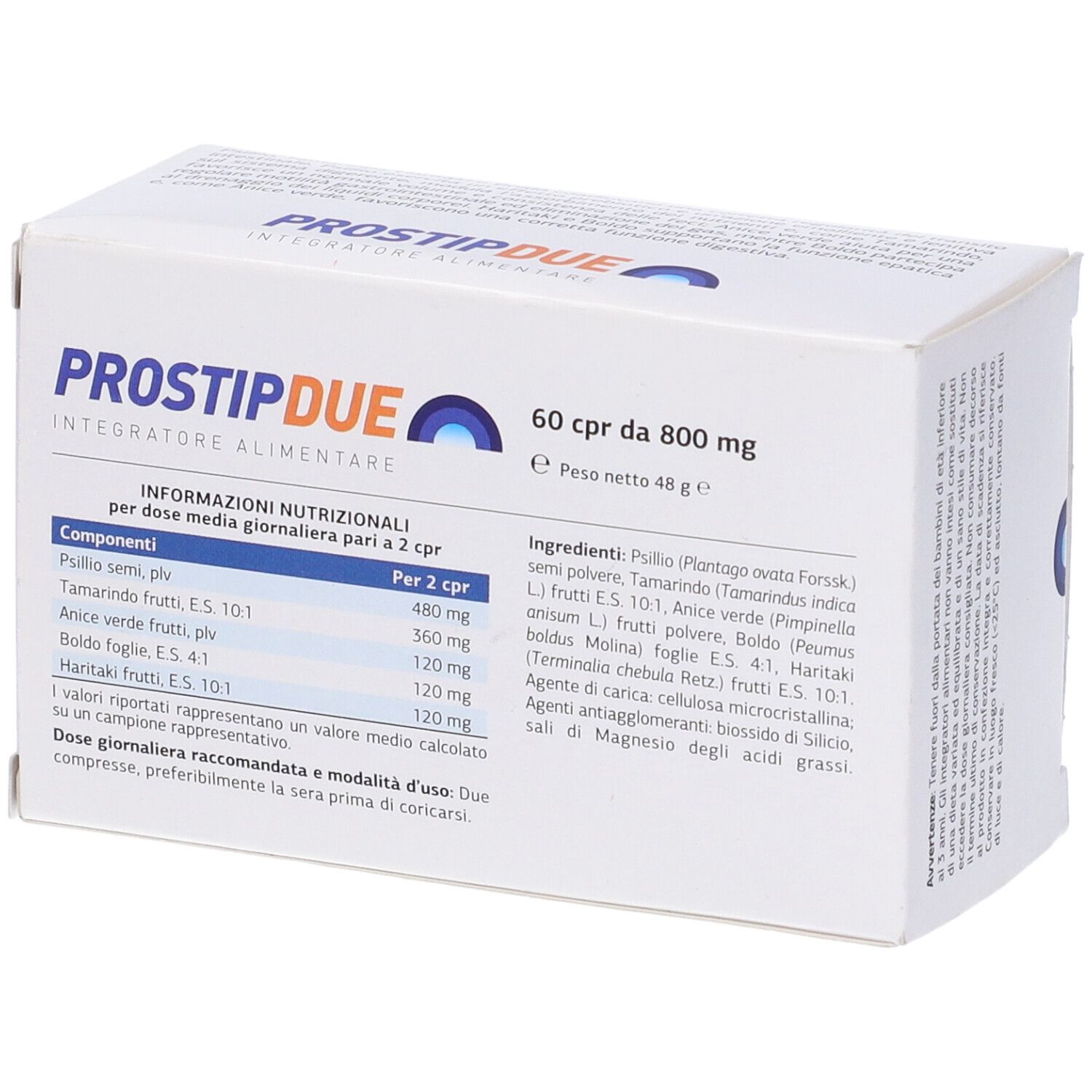 Scatola "PROSTIP DUE" con 60 compresse. Scritta blu e arancione su sfondo bianco. Ingredienti e informazioni nutrizionali.
