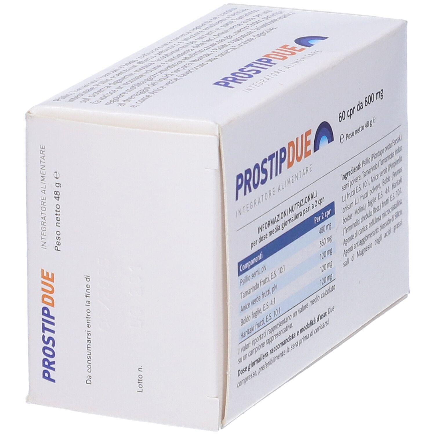 Scatola "PROSTIP DUE" con 60 compresse. Scritta blu e arancione su sfondo bianco. Ingredienti e informazioni nutrizionali.