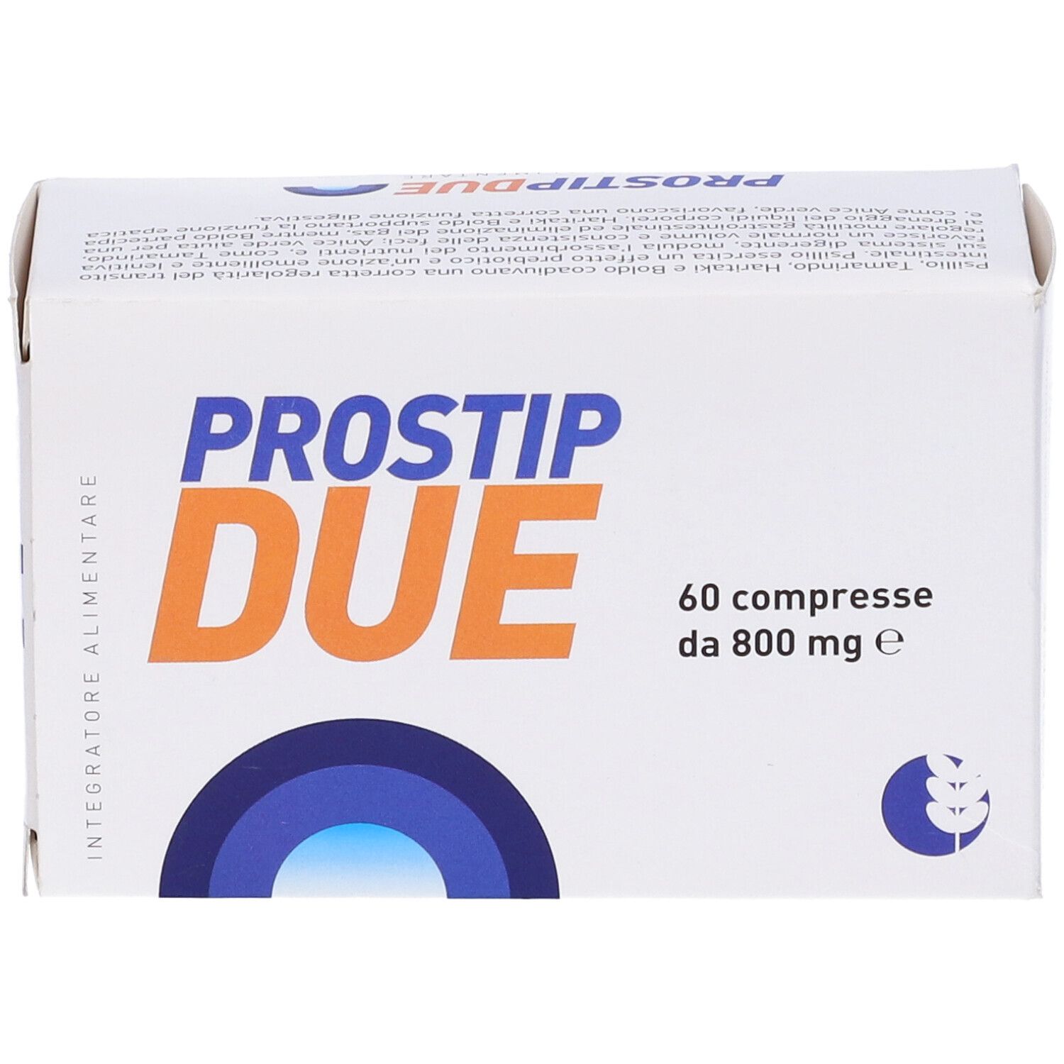 Scatola "PROSTIP DUE" con 60 compresse. Scritta blu e arancione su sfondo bianco. Scritto "Integratore Alimentare".