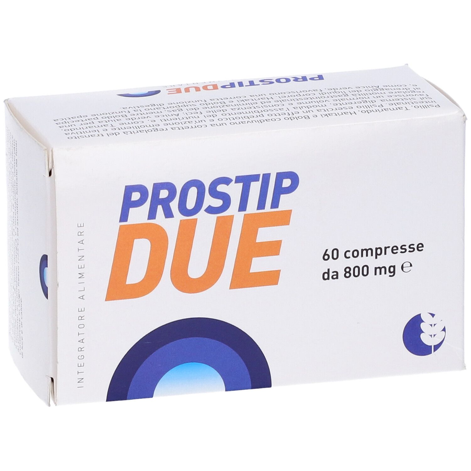 Scatola "PROSTIP DUE" con 60 compresse. Scritta blu e arancione su sfondo bianco. Scritto "Integratore Alimentare".