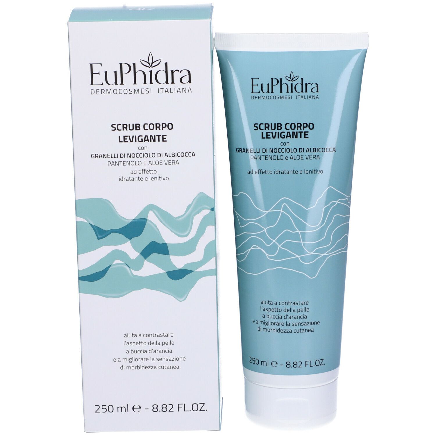 Confezione del prodotto. Tubo e scatola. Scritto: Euphidra, Scrub Corpo Levigante. Contiene granuli di nocciolo di albicocca, pantenolo e aloe vera.