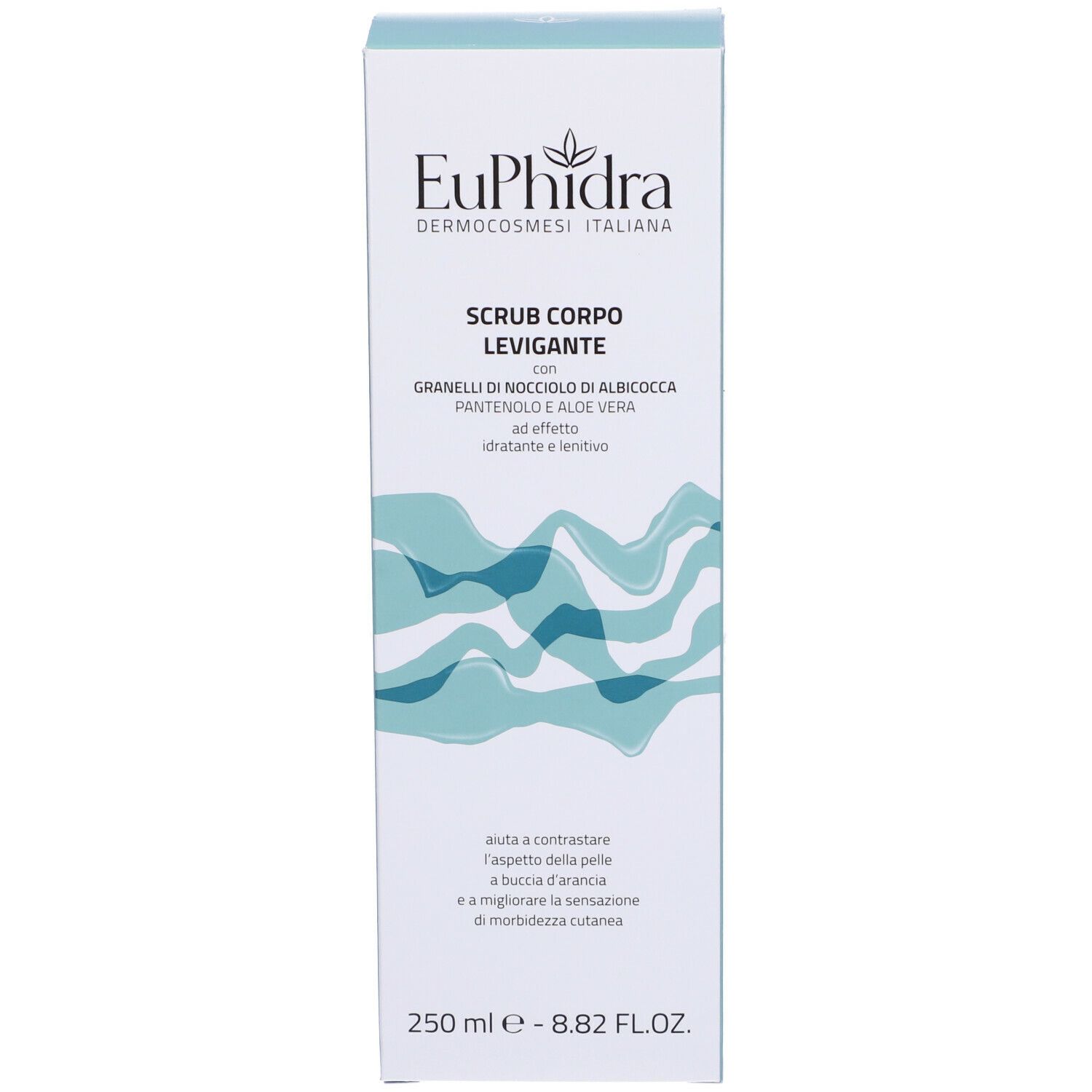 Confezione del prodotto. Scatola. Scritto: Euphidra, Scrub Corpo Levigante. Contiene granuli di nocciolo di albicocca, pantenolo e aloe vera.