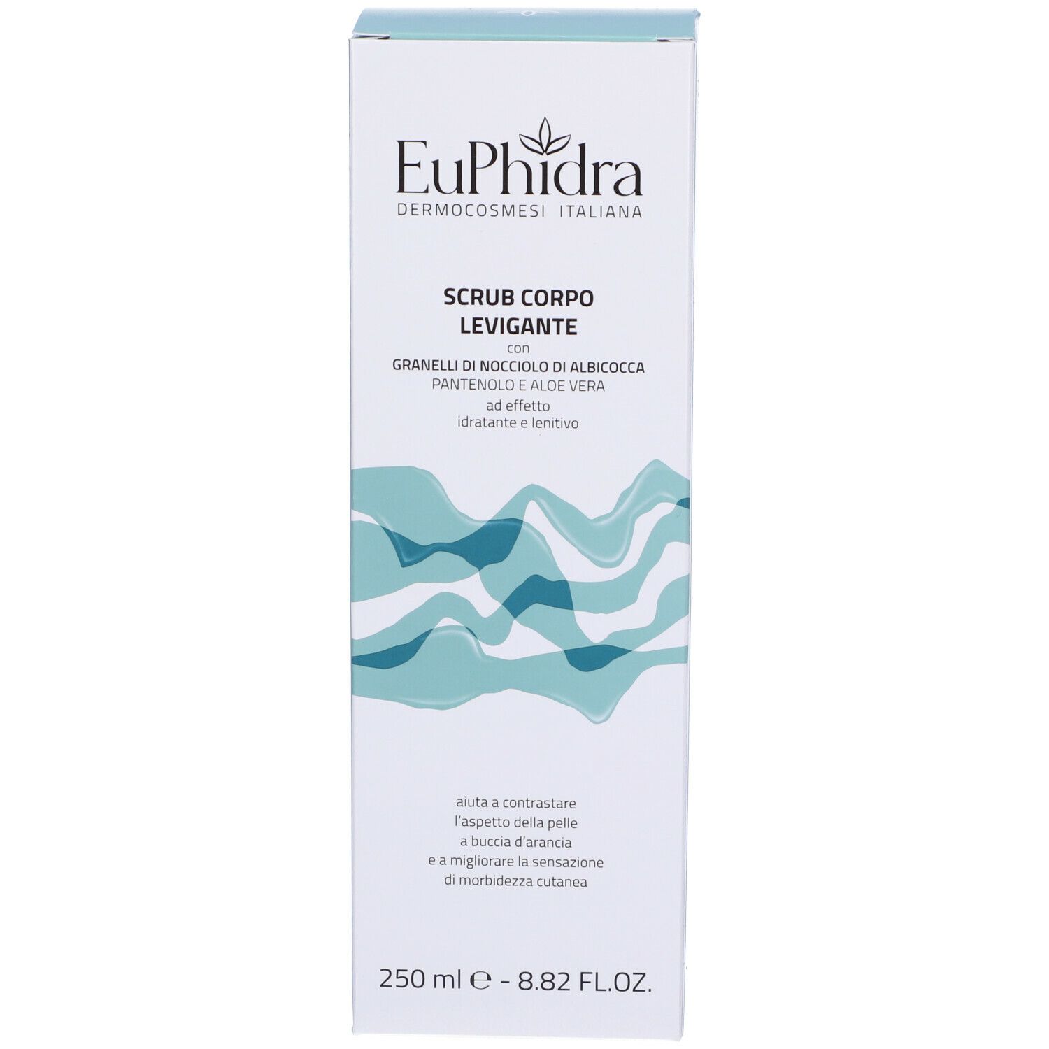 Confezione del prodotto. Scatola. Scritto: Euphidra, Scrub Corpo Levigante. Contiene granuli di nocciolo di albicocca, pantenolo e aloe vera.