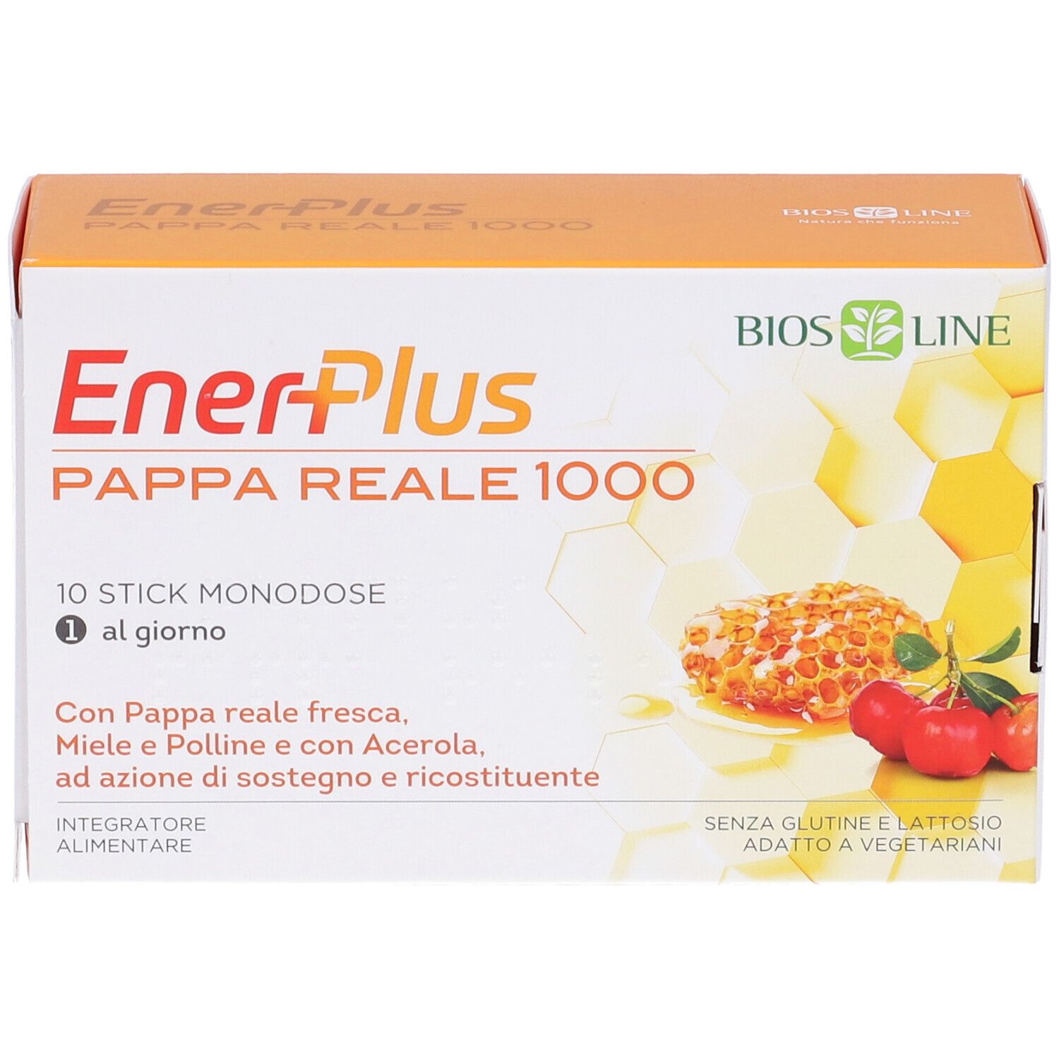 Scatola EnerPlus Pappa Reale 1000. Contiene 10 stick monodose. Scritto: Senza glutine e lattosio, adatto a vegetariani.