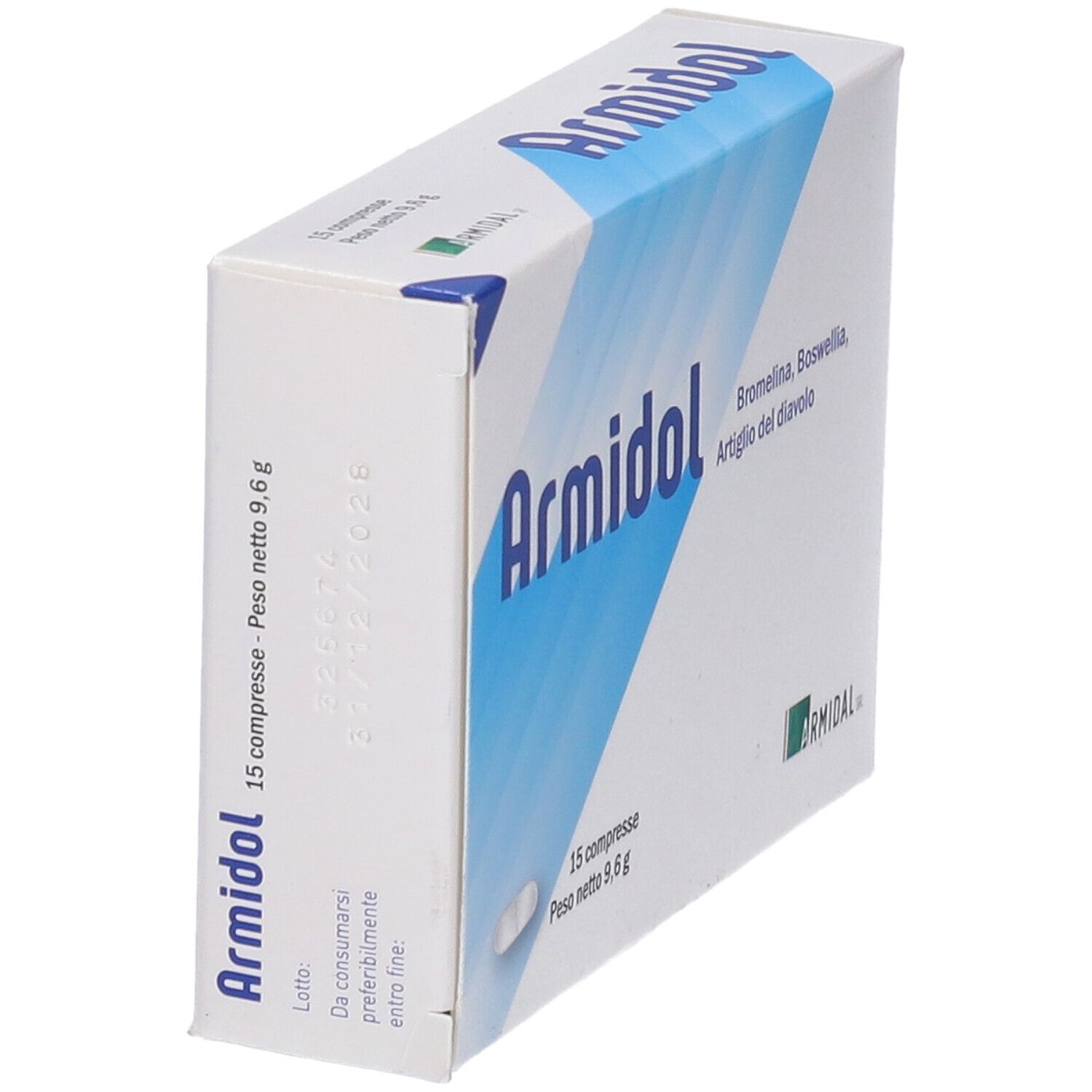 Scatola di compresse Armidol. Scritta: Armidol, 15 compresse, peso netto 9,6 g. Vista angolata.