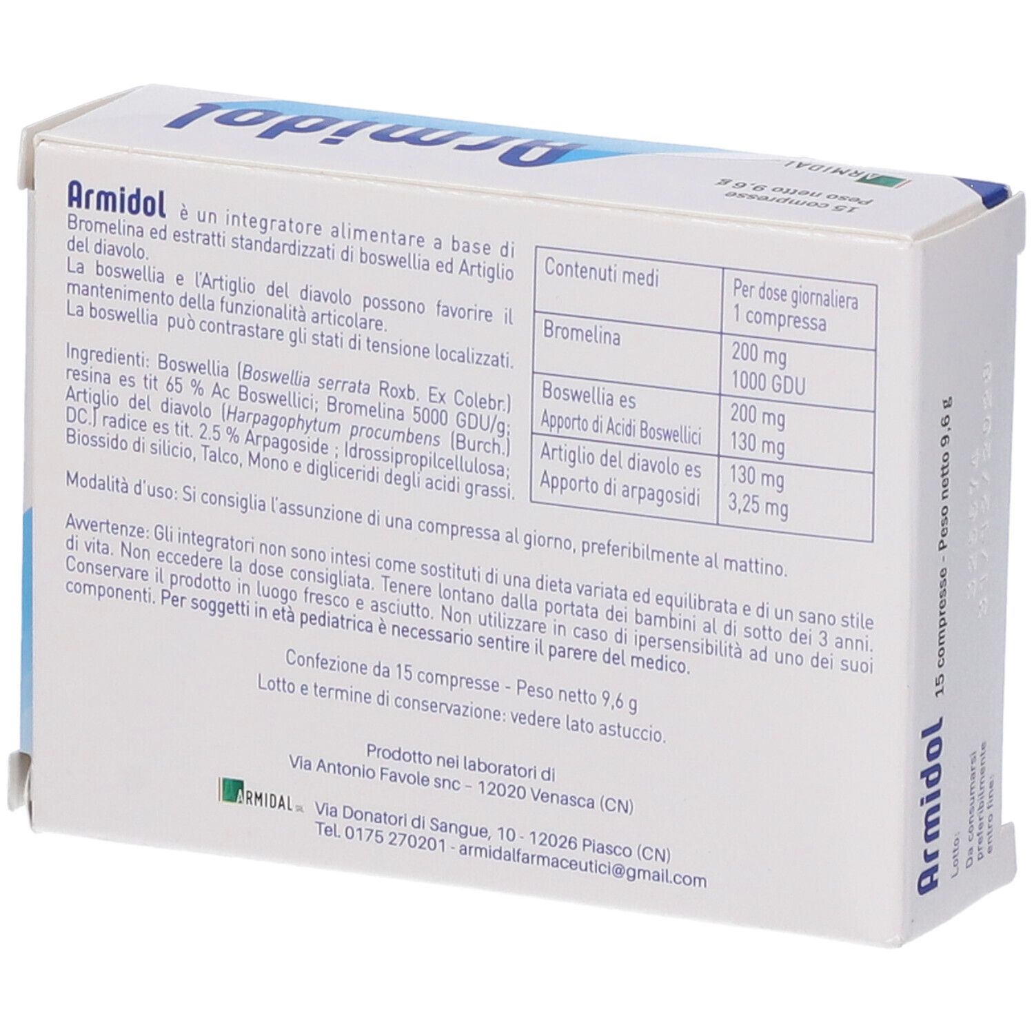 Retro della scatola Armidol. Contiene informazioni sugli ingredienti e il dosaggio. Scritta: 15 compresse, peso netto 9,6 g.