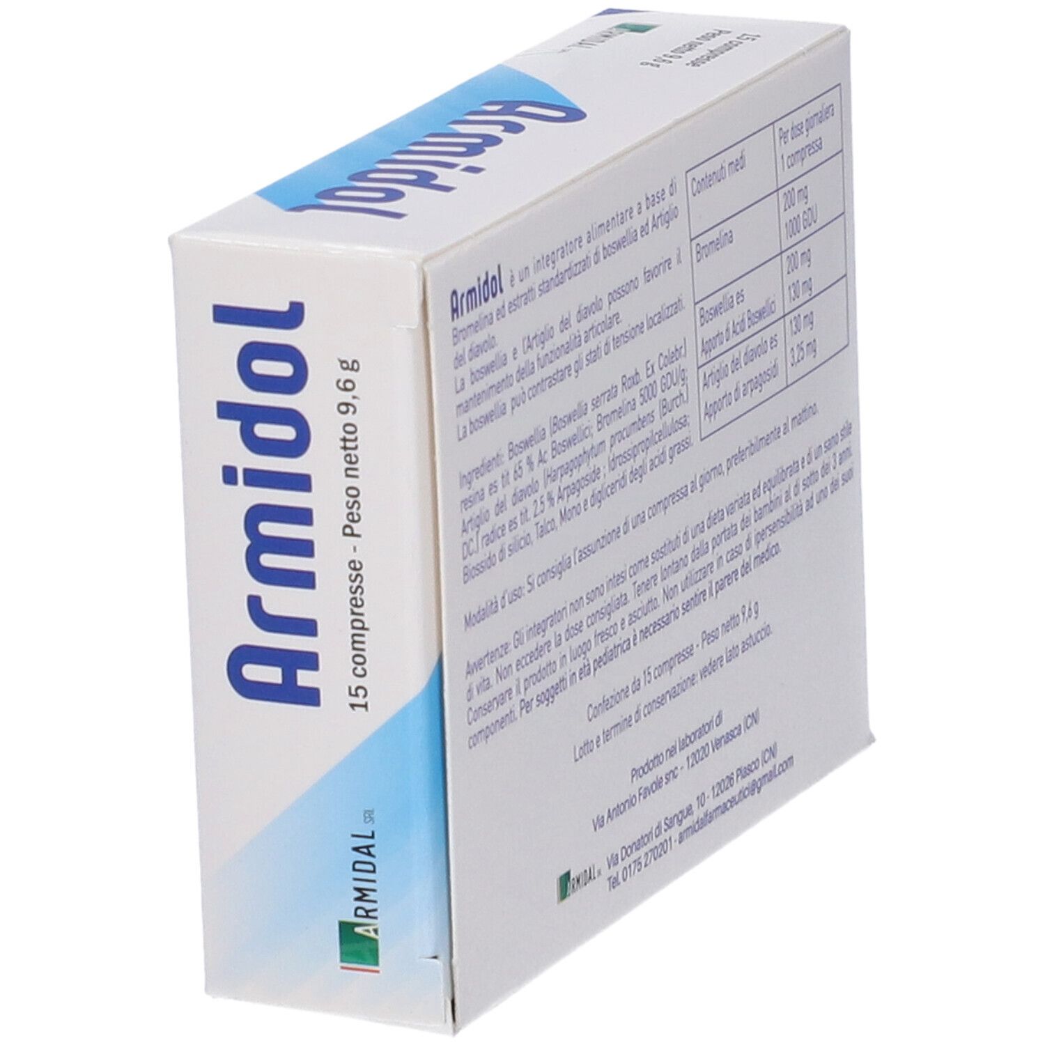 Scatola di compresse Armidol. Scritta: Armidol, 15 compresse, peso netto 9,6 g. Vista angolata.
