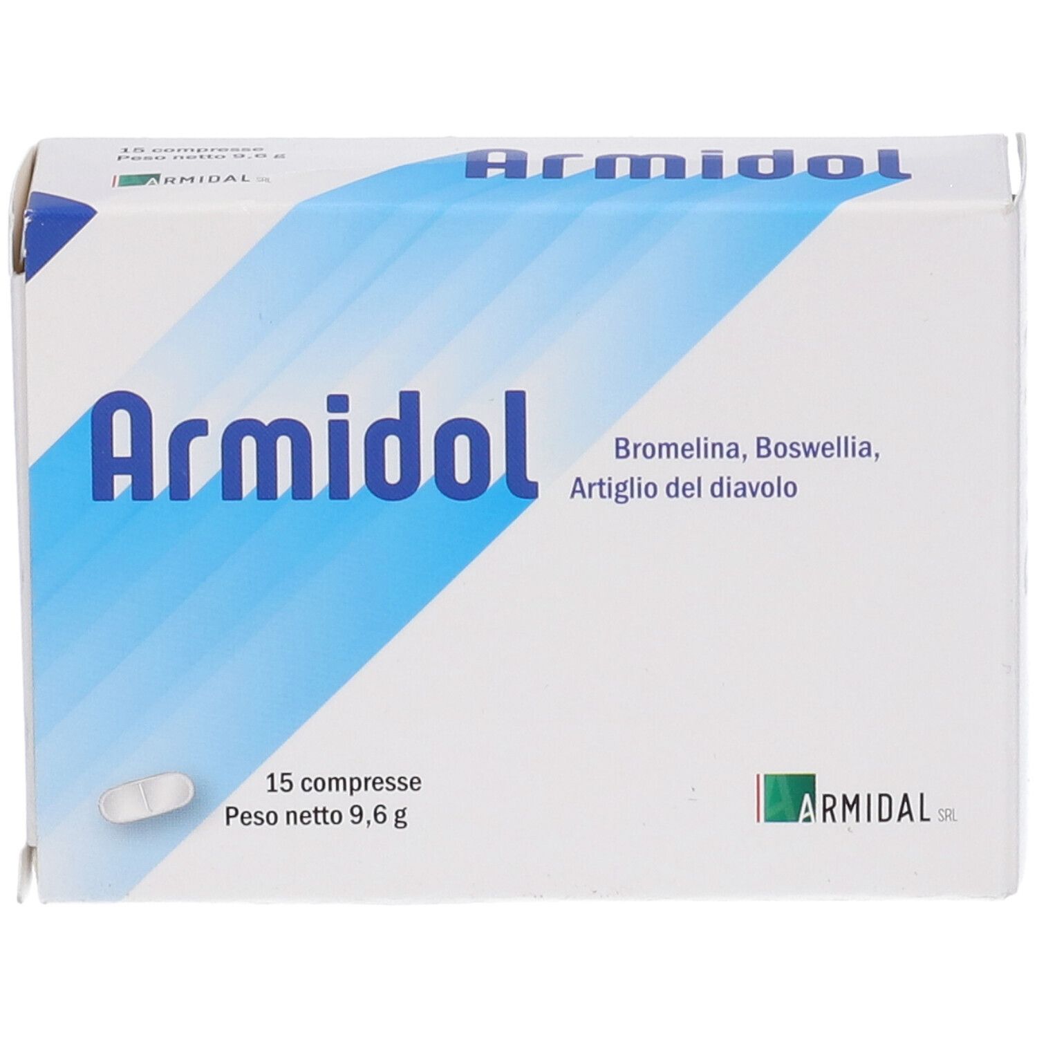 Scatola di compresse Armidol. Scritta: Armidol, 15 compresse, peso netto 9,6 g. Contiene bromelina, Boswellia.