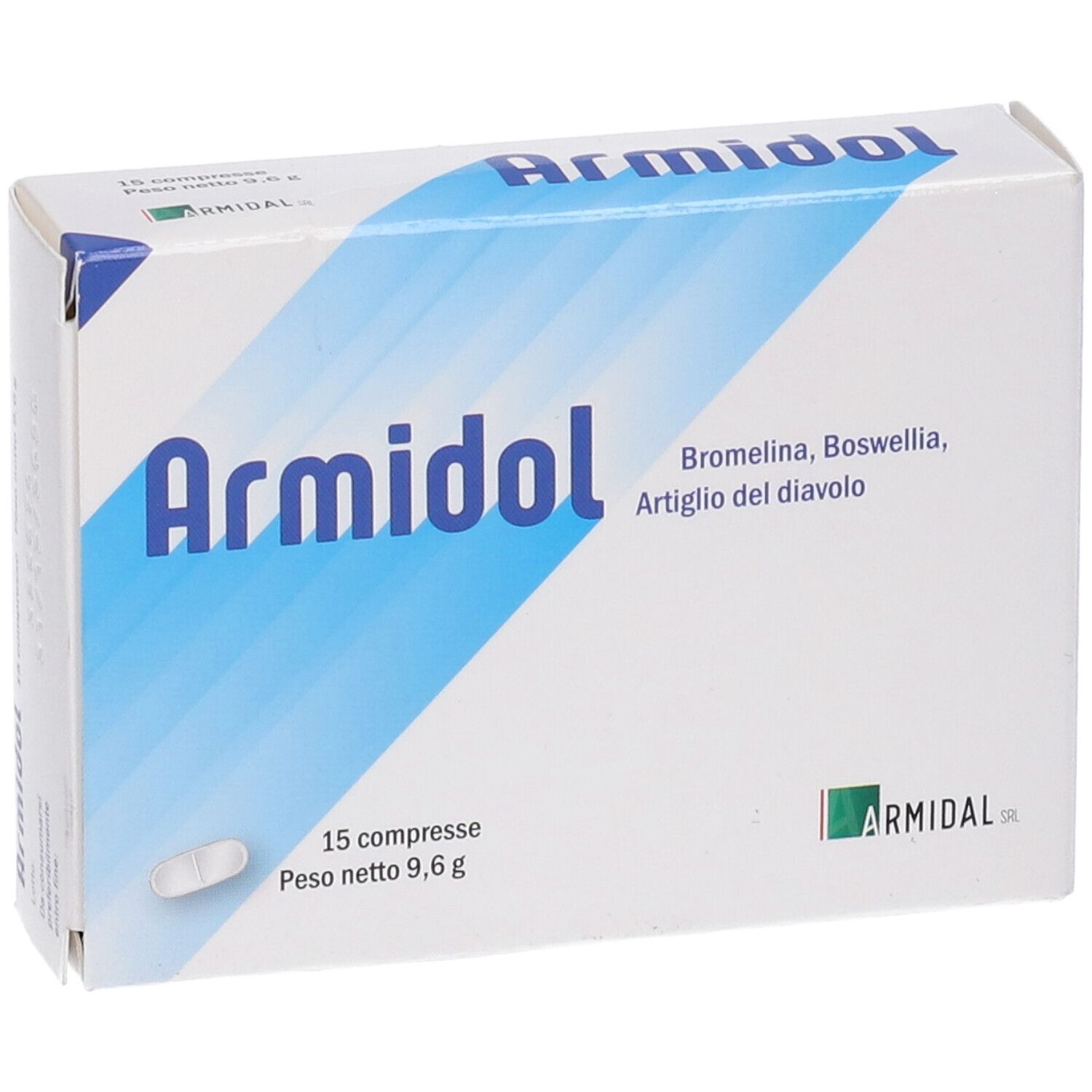 Scatola di compresse Armidol. Scritta: Armidol, 15 compresse, peso netto 9,6 g. Contiene bromelina, Boswellia.