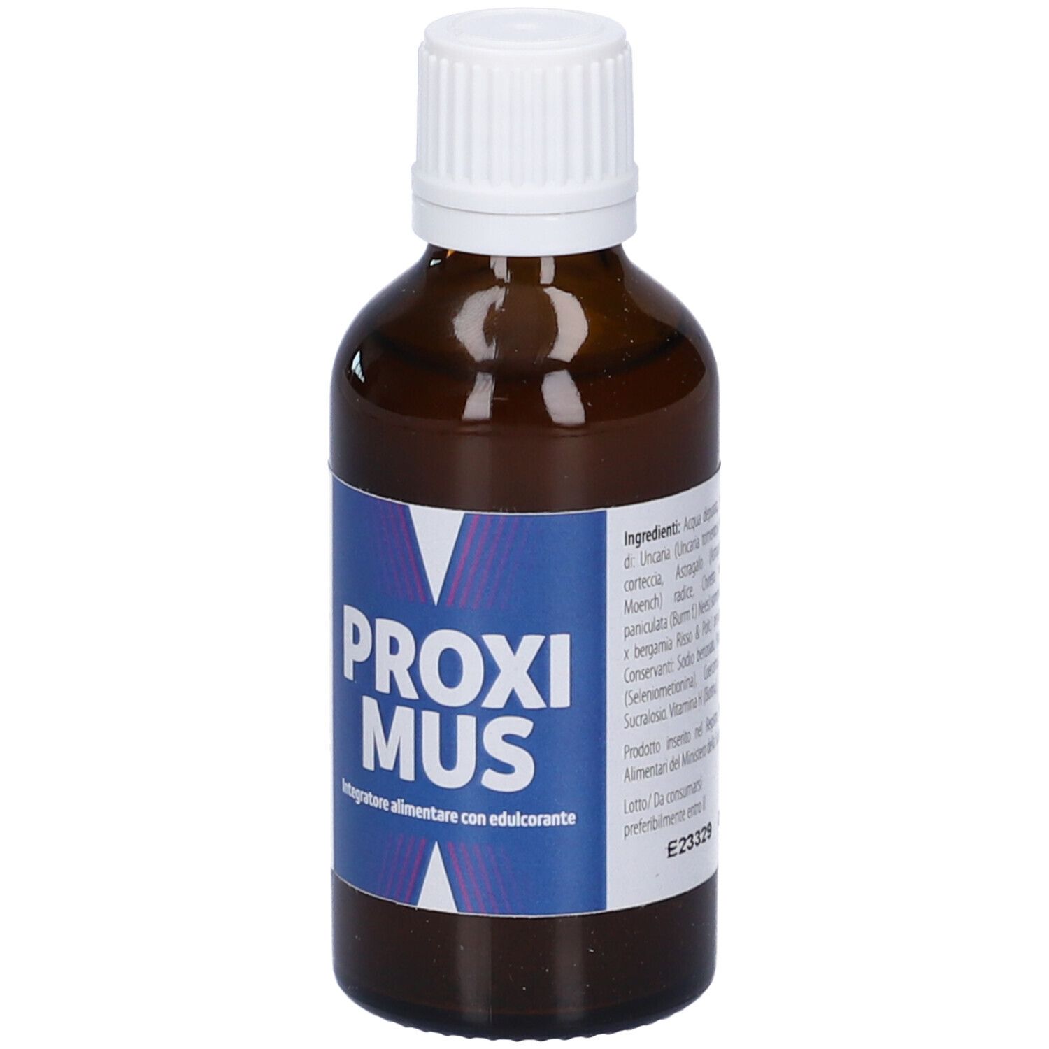 Flacone di vetro marrone con tappo bianco. Etichetta blu con "PROXIMUS" e "Integratore alimentare".
