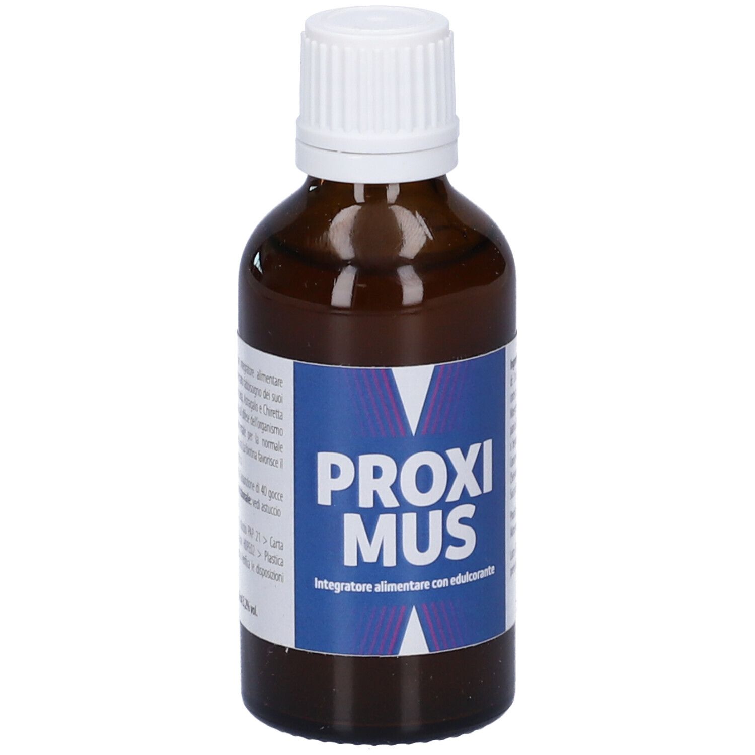 Flacone di vetro marrone con tappo bianco. Etichetta blu con "PROXIMUS" e "Integratore alimentare".