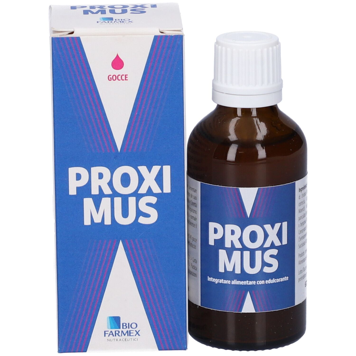 Confezione del prodotto con flacone e scatola. Scatola con "PROXIMUS" e simbolo goccia. Flacone accanto.