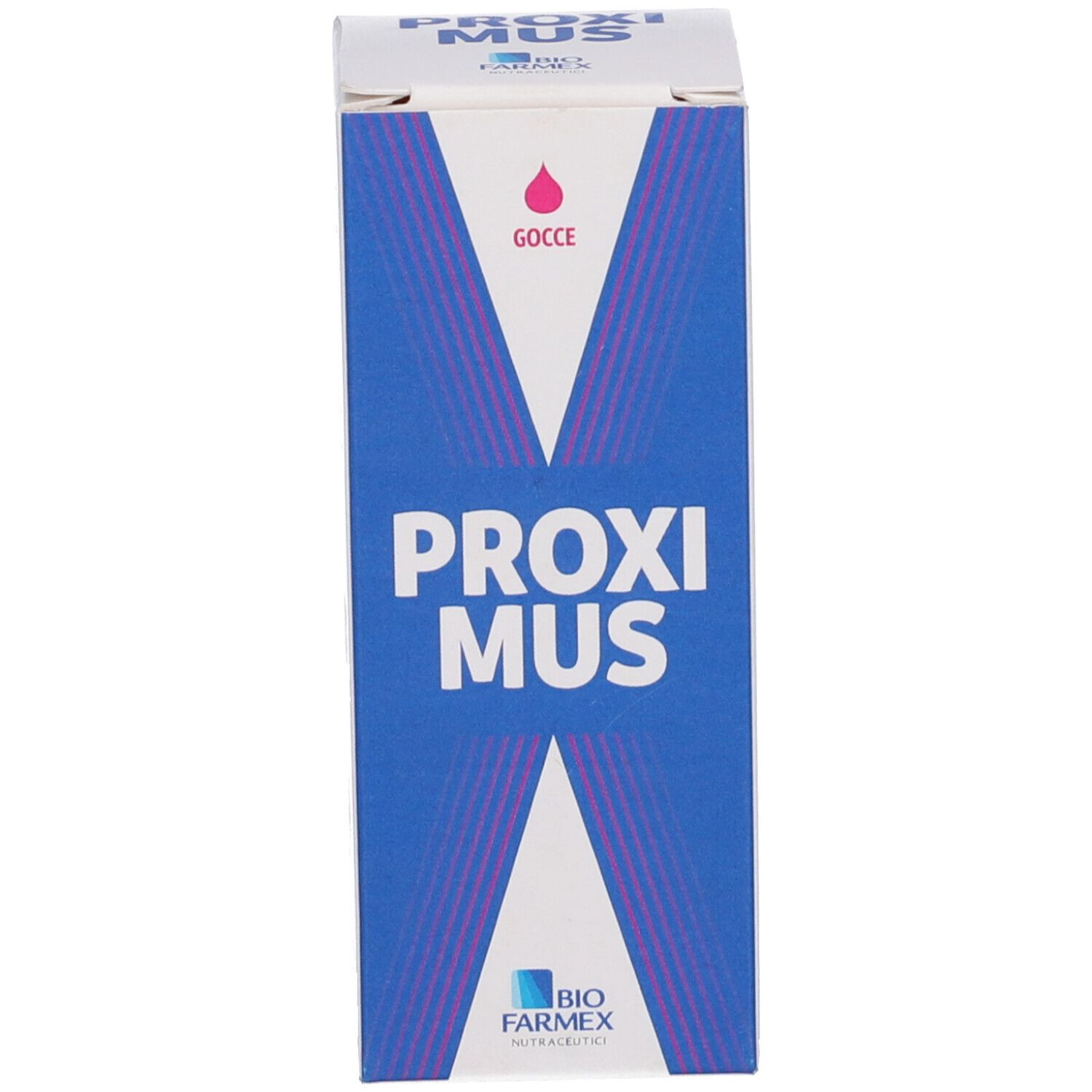 Confezione del prodotto, scatola rettangolare. Blu con "PROXIMUS" e simbolo goccia. Marchio "BIO FARMEX".
