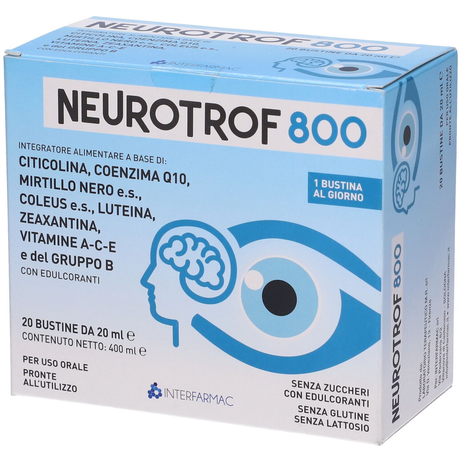 Scatola blu e bianca con logo "Neurotrof 800". Contiene 20 bustine. Testo: "Integratore alimentare".