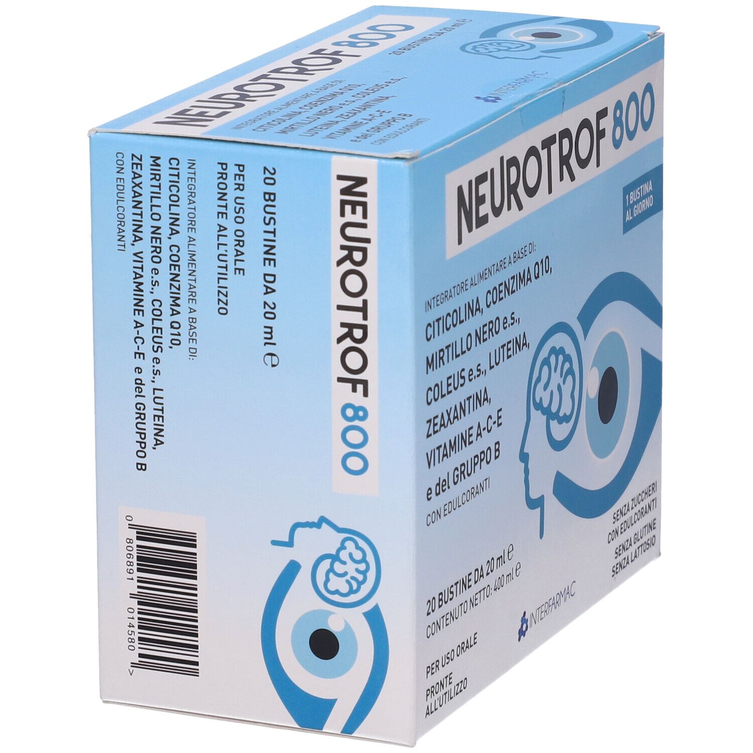 Scatola "Neurotrof 800" con informazioni. Contiene 20 bustine. Scritto: "Integratore alimentare".