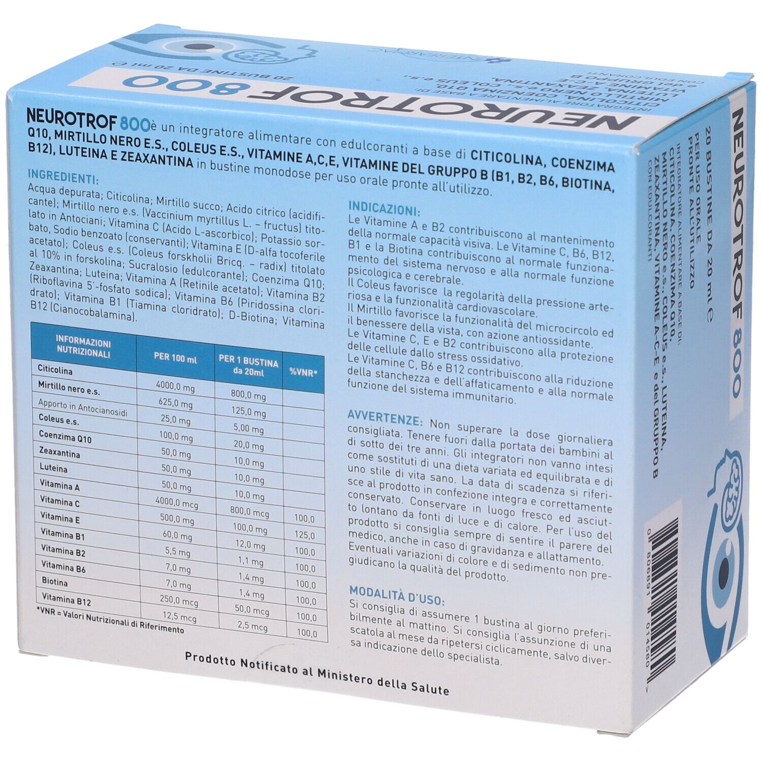 Retro della scatola "Neurotrof 800". Contiene ingredienti e istruzioni. Testo in italiano.
