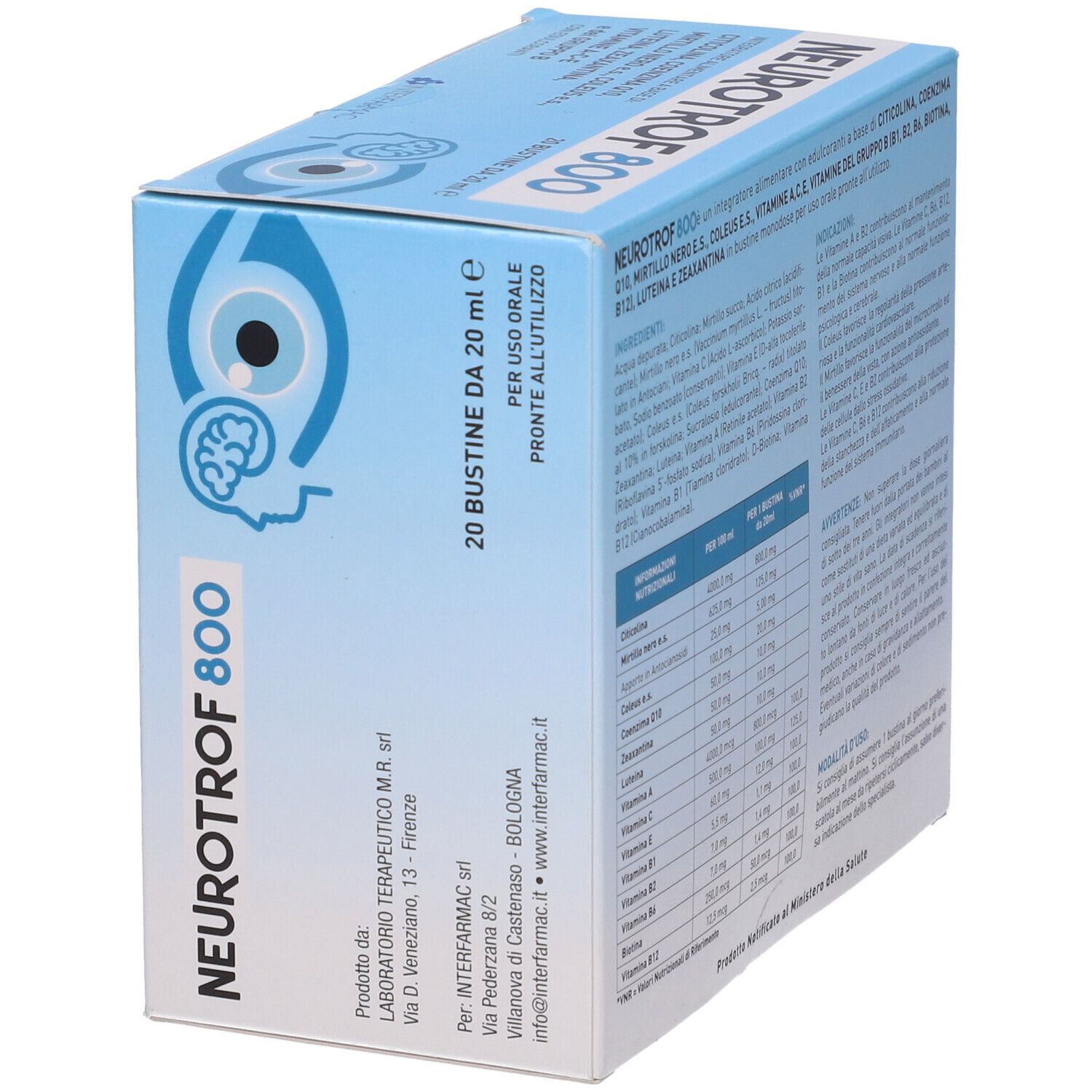 Scatola "Neurotrof 800" con logo e informazioni. Contiene 20 bustine. Testo in italiano.