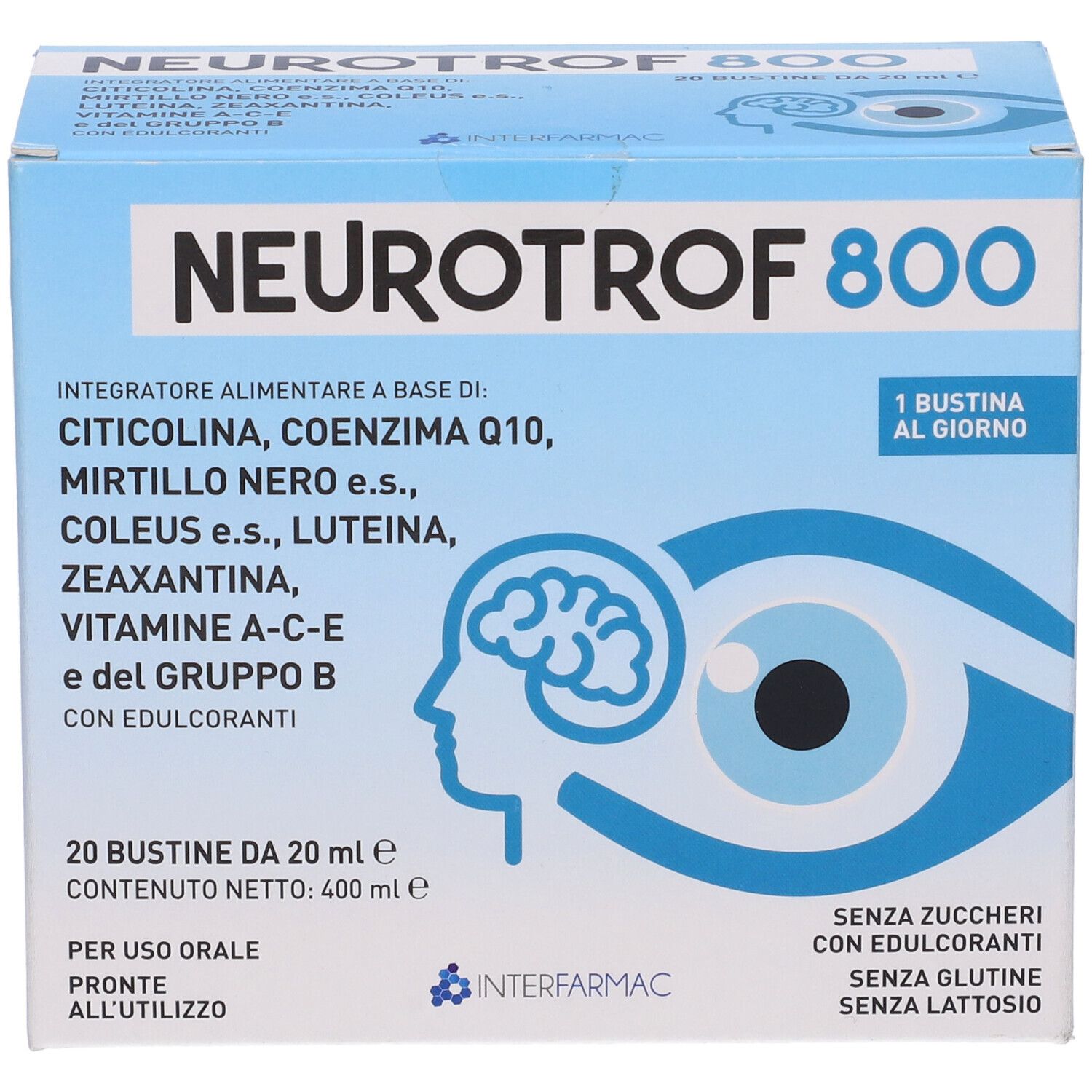 Scatola blu e bianca "Neurotrof 800". Contiene 20 bustine. Scritto: "Integratore alimentare".