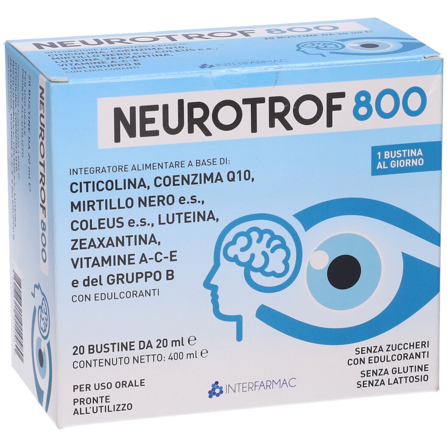 Scatola blu e bianca "Neurotrof 800". Contiene 20 bustine. Scritto: "Integratore alimentare".