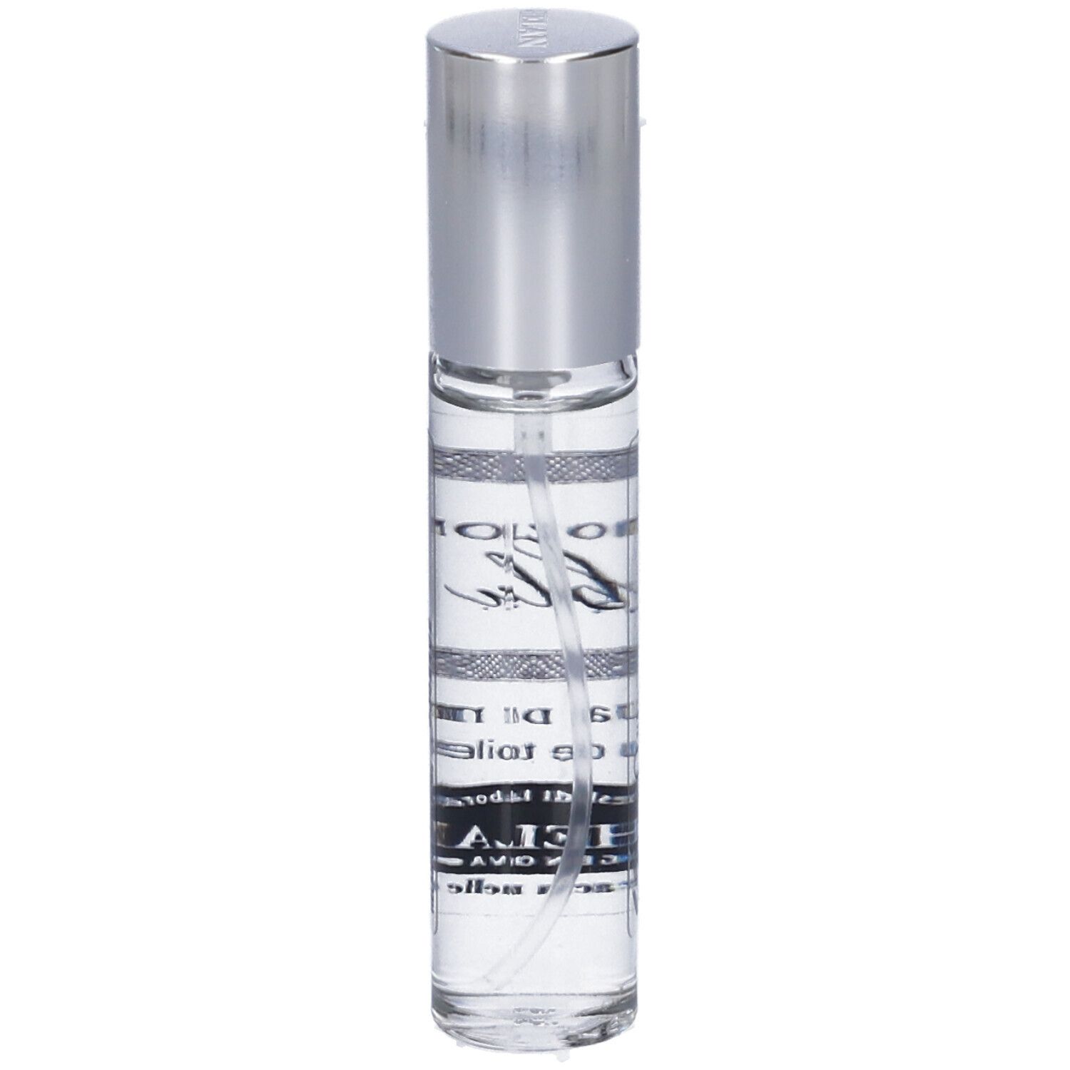 Flacone trasparente con tappo argentato. Scritta: Emozione blu, acqua di mare eau de toilette. Marchio: Helan.