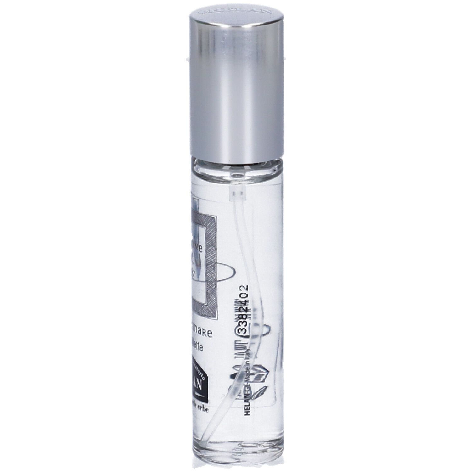 Flacone trasparente con tappo argentato. Scritta: Emozione blu, acqua di mare eau de toilette. Marchio: Helan.