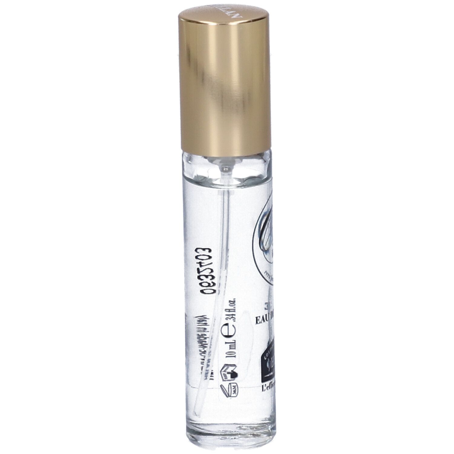 Flacone trasparente con tappo dorato. Scritta: Eau de Toilette, Helan Genova.