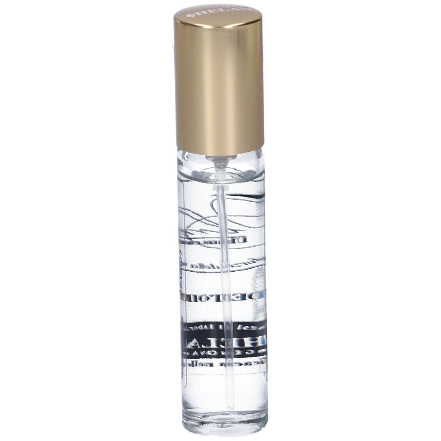 Flacone trasparente con tappo dorato. Scritta: Eau de Toilette, Helan Genova.