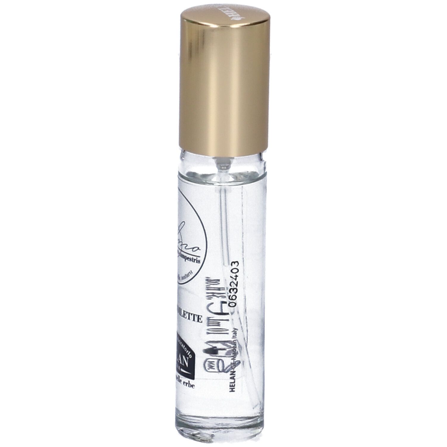 Flacone trasparente con tappo dorato. Scritta: Eau de Toilette, Helan Genova.