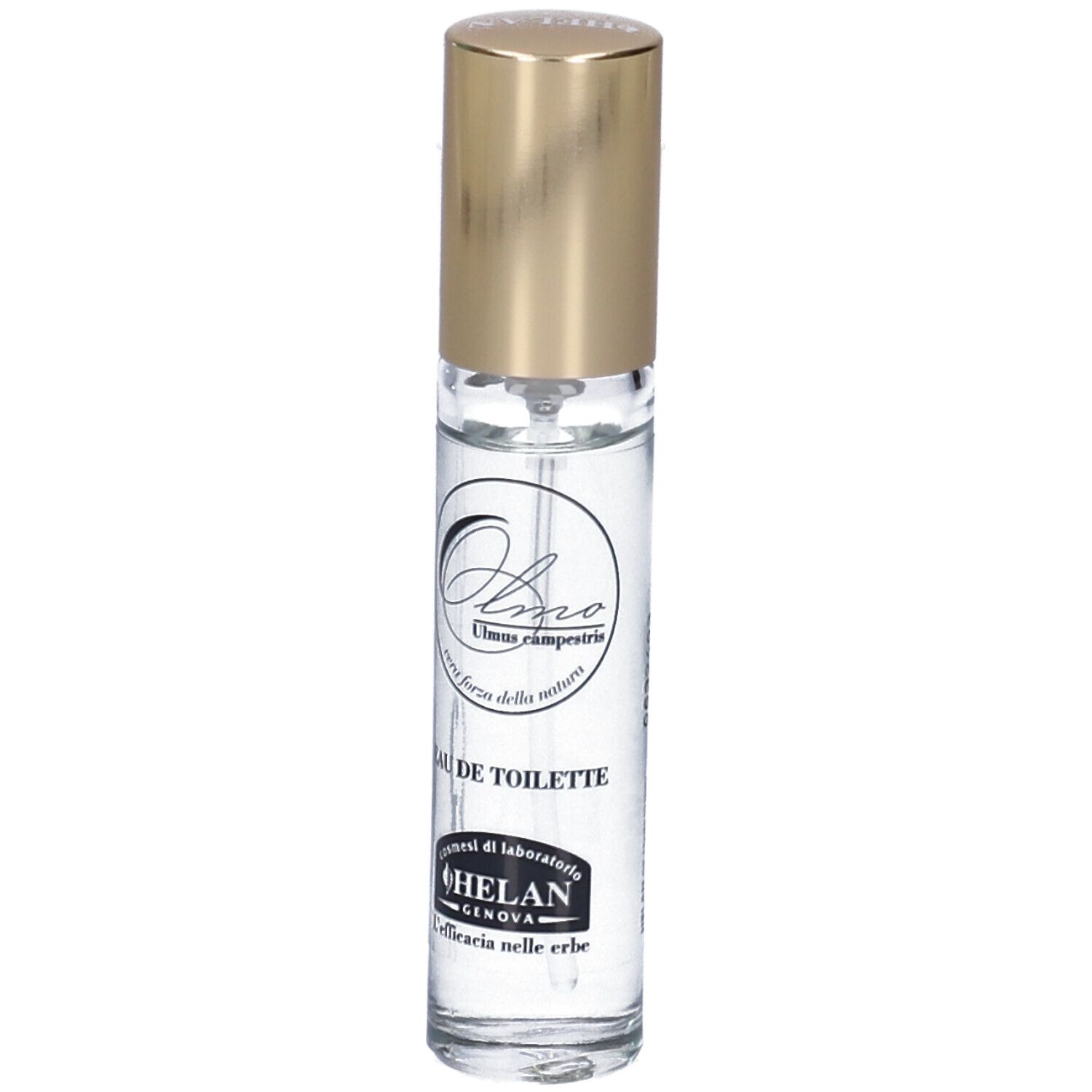Flacone trasparente con tappo dorato. Scritta: Eau de Toilette, Helan Genova.
