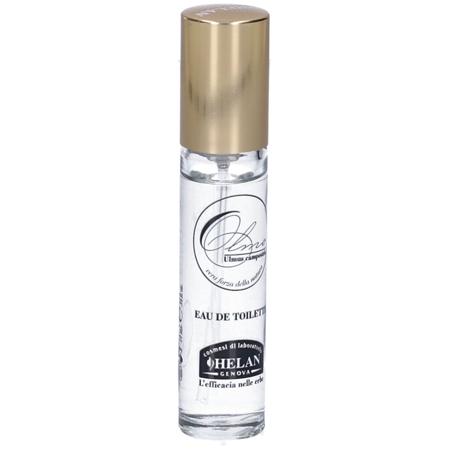 Flacone trasparente con tappo dorato. Scritta: Eau de Toilette, Helan Genova.