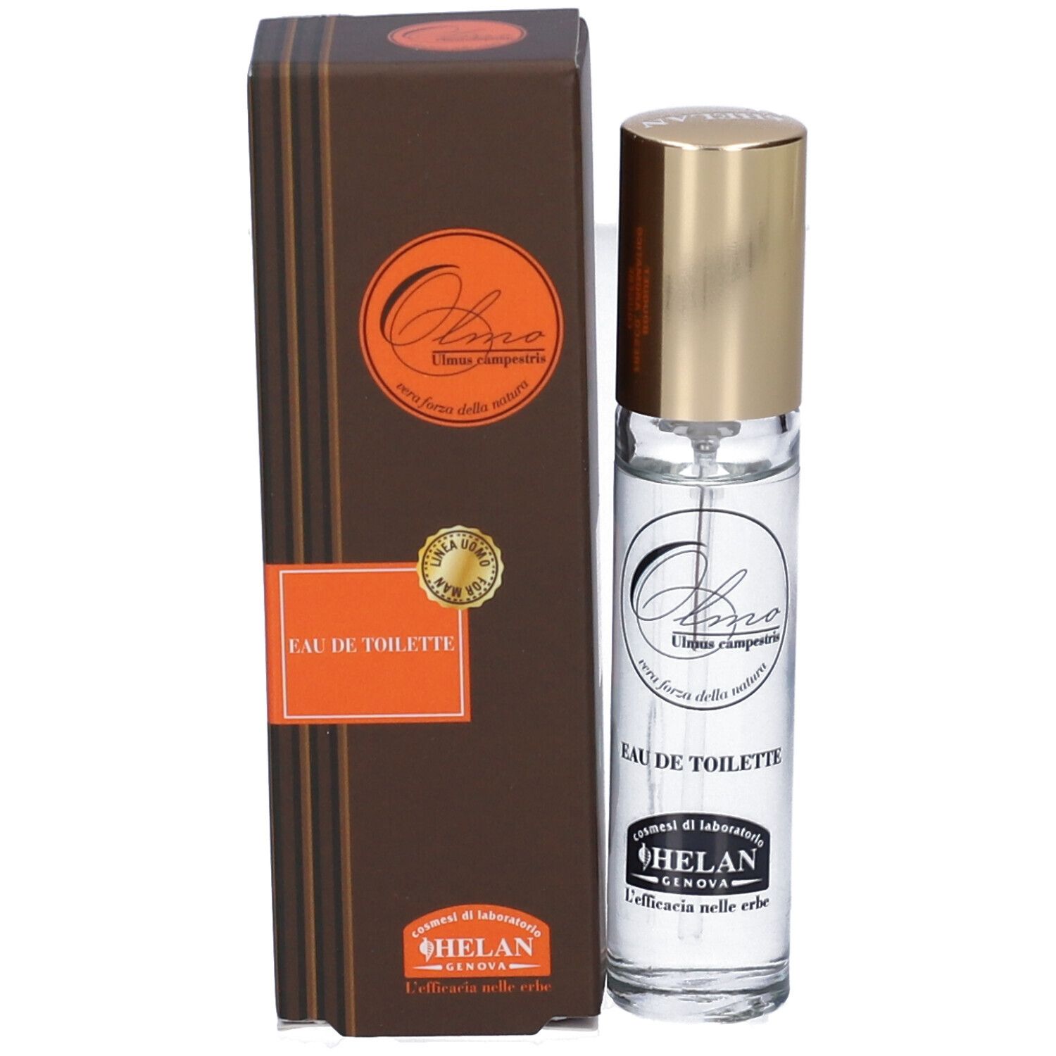 Flacone e confezione. Flacone trasparente con tappo dorato. Confezione marrone con scritte arancioni.