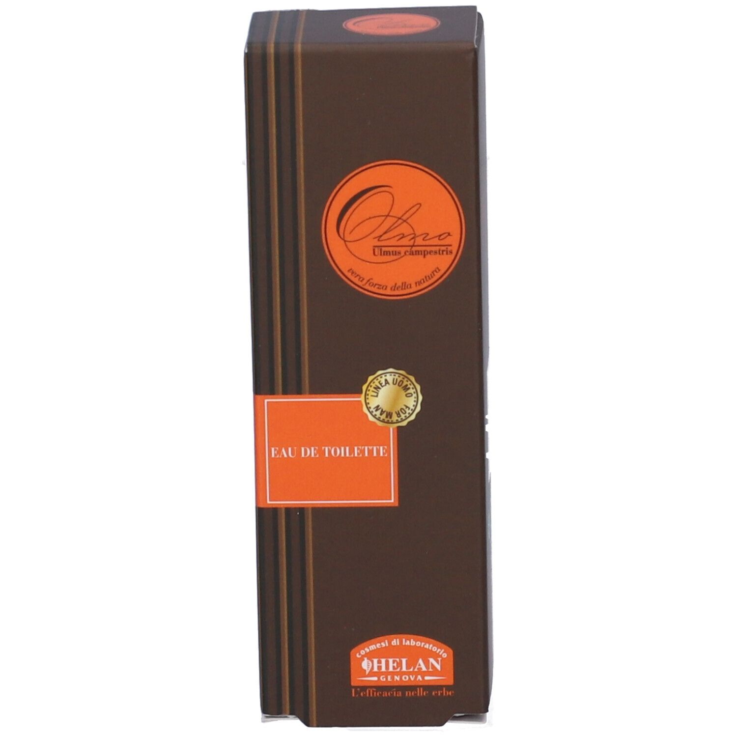 Confezione marrone con scritte arancioni. Scritta: Eau de Toilette, Helan Genova.