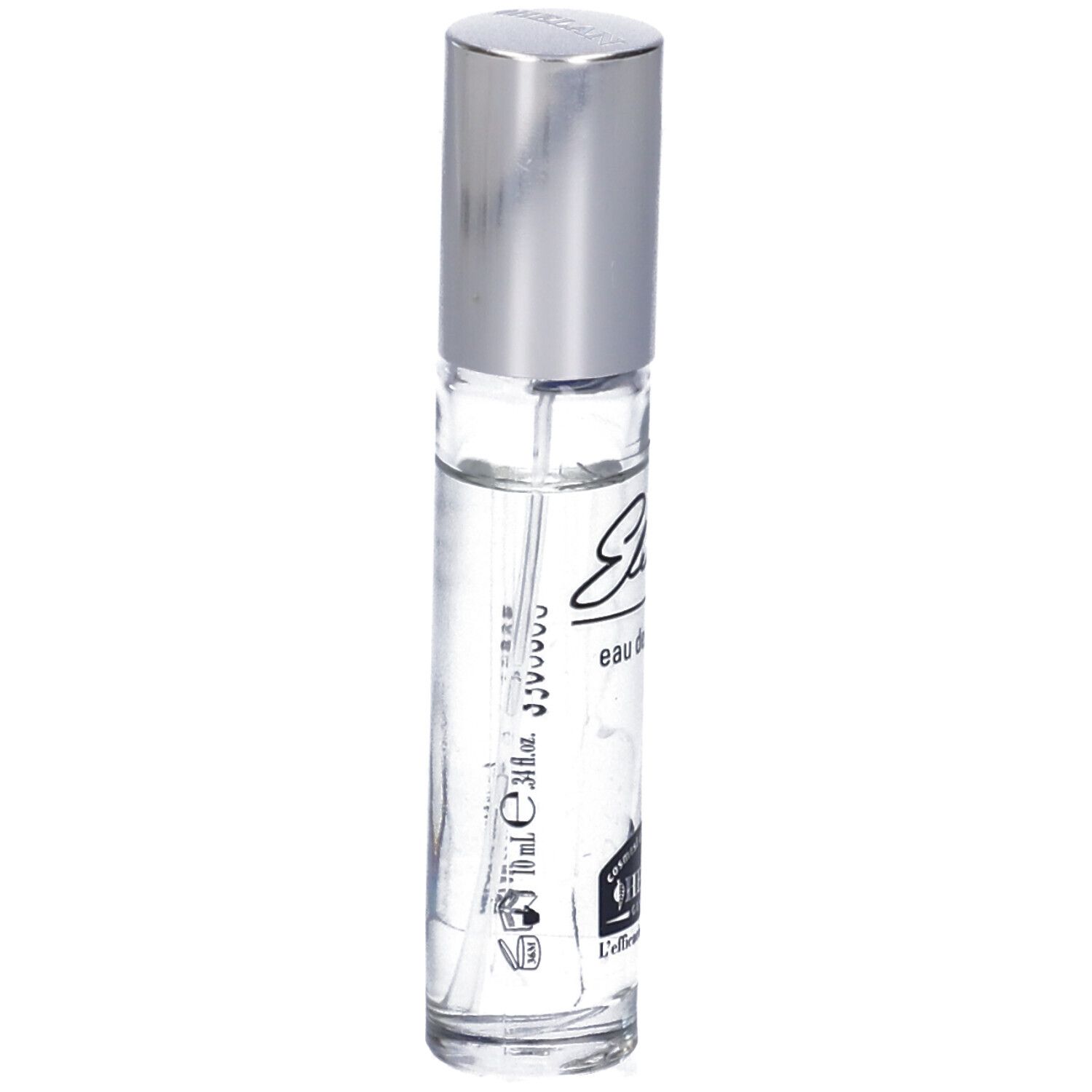 Flacone trasparente con tappo argentato. Scritta: Elemi eau de parfum, HELAN GENOVA.